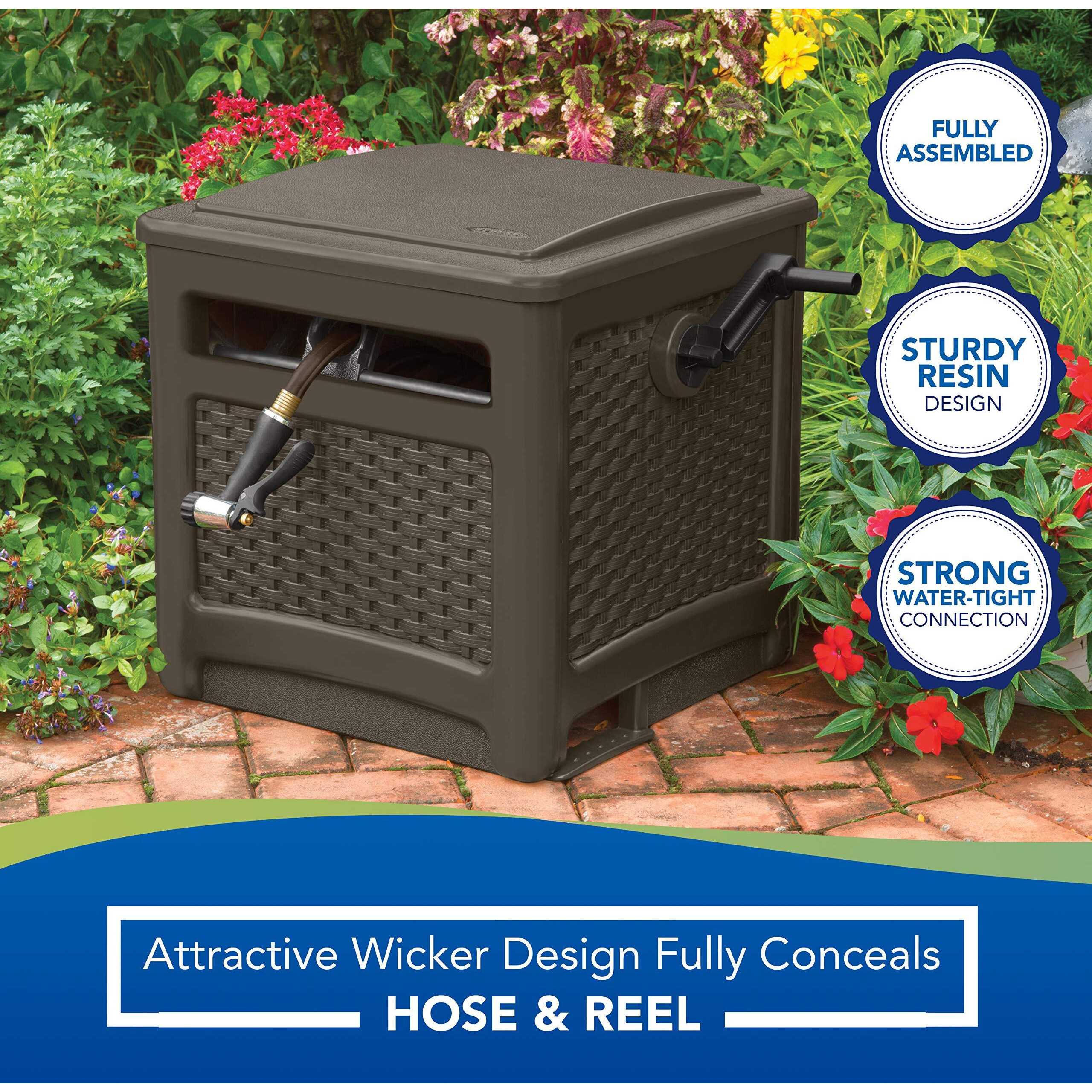 Suncast Resin 225 Ft Hideaway Outdoor Storage Crank Handle, Lid, And Slide Trak Guide 225' Capacity, Durable Hose Reel, Java