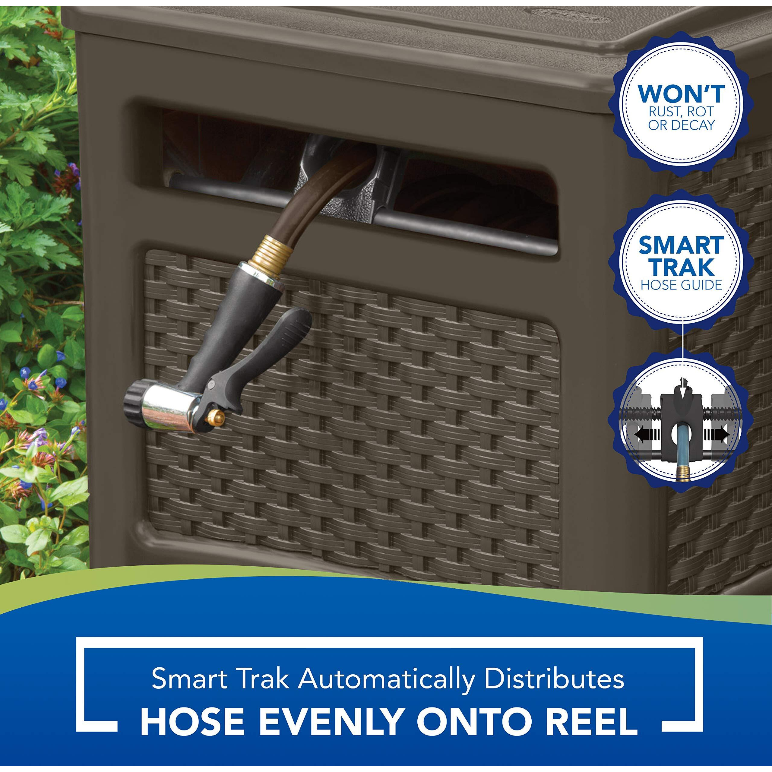 Suncast Resin 225 Ft Hideaway Outdoor Storage Crank Handle, Lid, And Slide Trak Guide 225' Capacity, Durable Hose Reel, Java