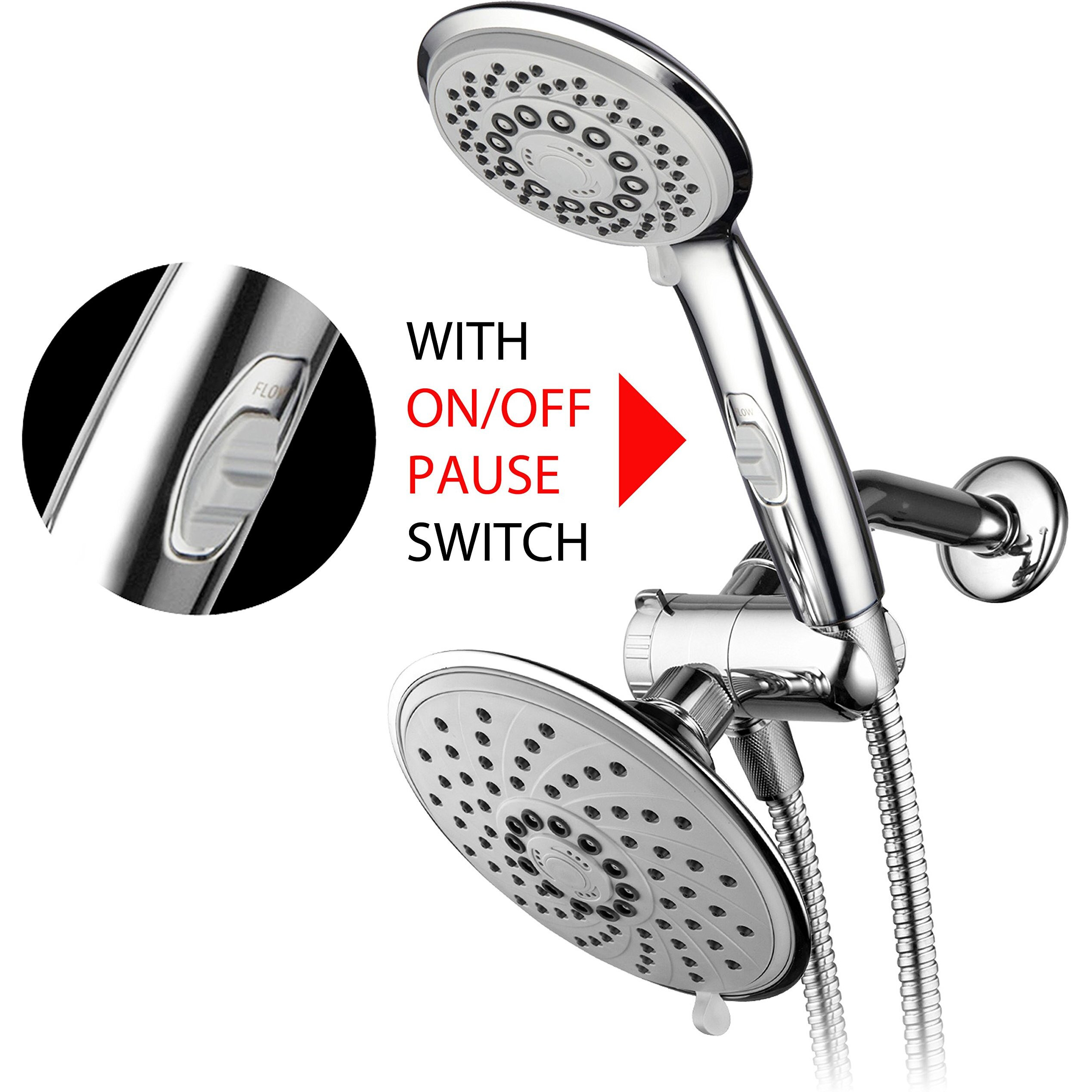 Hotelspa 6''/4'' Ultra-Luxury 3 Way Rainfall Shower-Head/Handheld Shower Gray Spiral Combo W/Patented On/Off Pause Switch And 5-7 Foot Stretchable Stainless Steel Hose