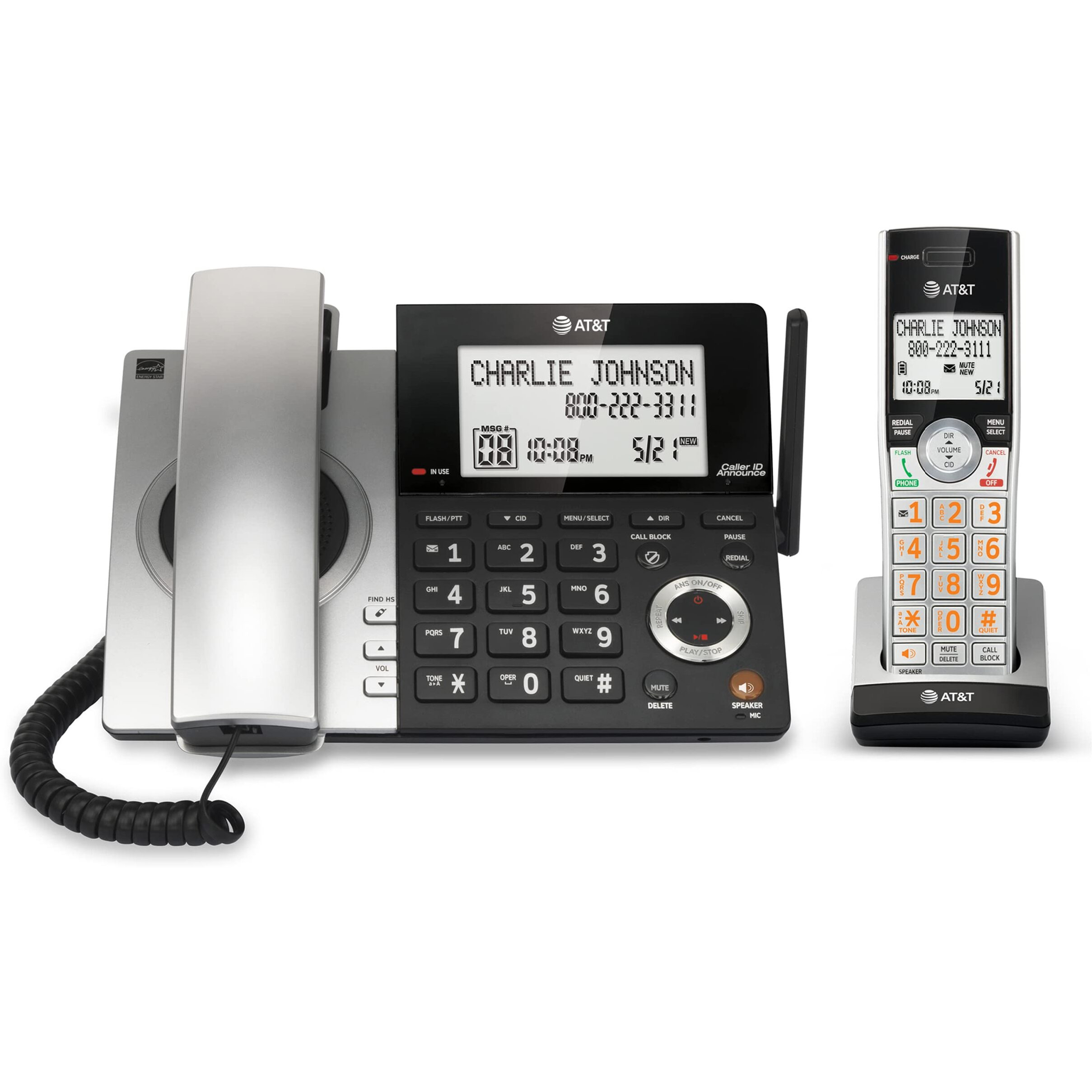 At&T Cl84107 Dect 6.0 Expandable Corded/Cordless Phone With Smart Call Blocker, Black/Silver With 1 Handset