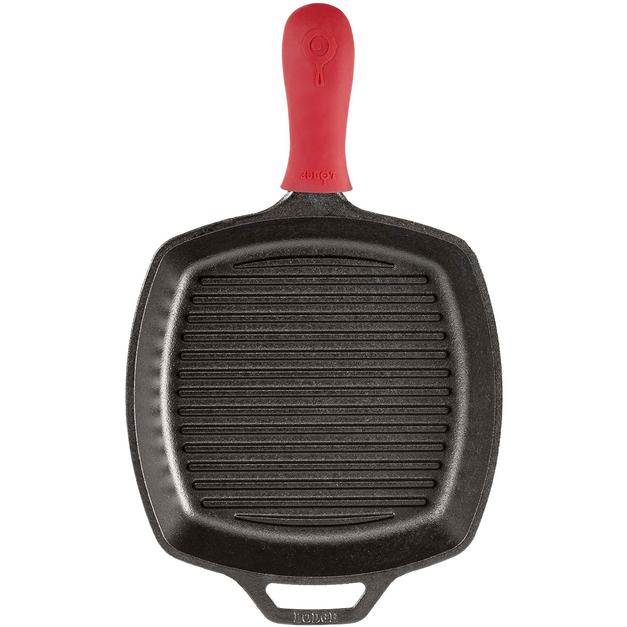 Lodge L8Sgp3Ashh41B Cast Iron Square Grill Pan With Red Silicone Hot Handle Holder, Pre-Seasoned, 10.5-Inch