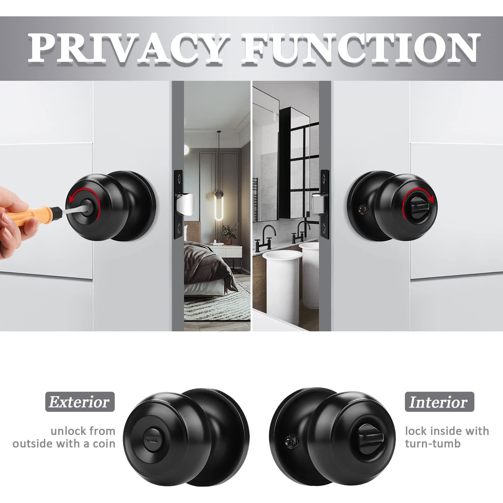 Probrico 10 Pack Round Privacy Door Knob(Thumb Turn Lock On The Inside), Keyless Doorknobs Interior/Exterior Lockset,Privacy Knobs For Bedroom/Bathroom,Black Modern Design Door Hardware