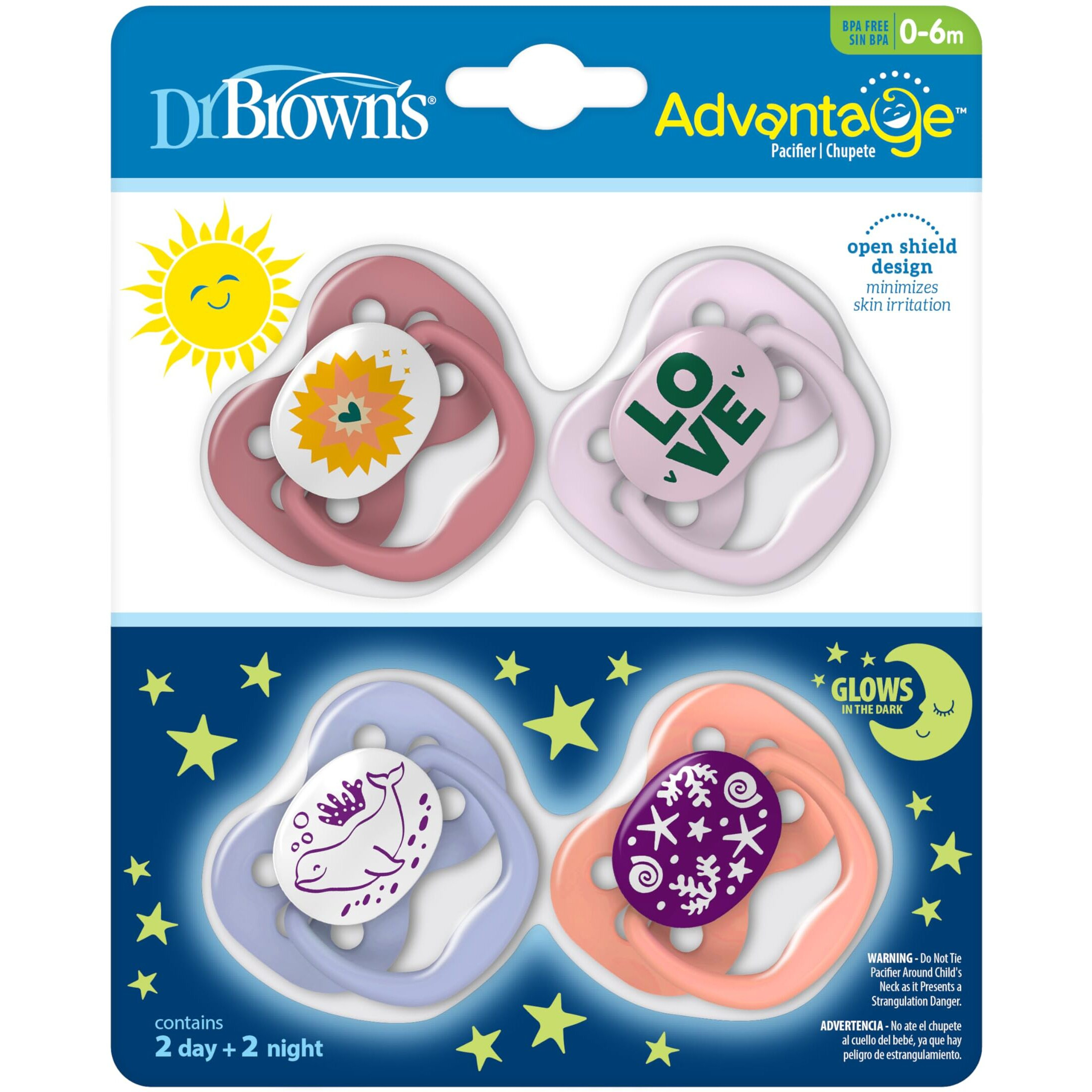 Dr. Brown's Advantage Glow-In-The-Dark Baby Pacifier, Fully Symmetrical Soother With Soft Silicone Bulb, 0-6M, Bpa Free, Lavender Love And Coral Ocean, 4 Pack (Style May Vary)