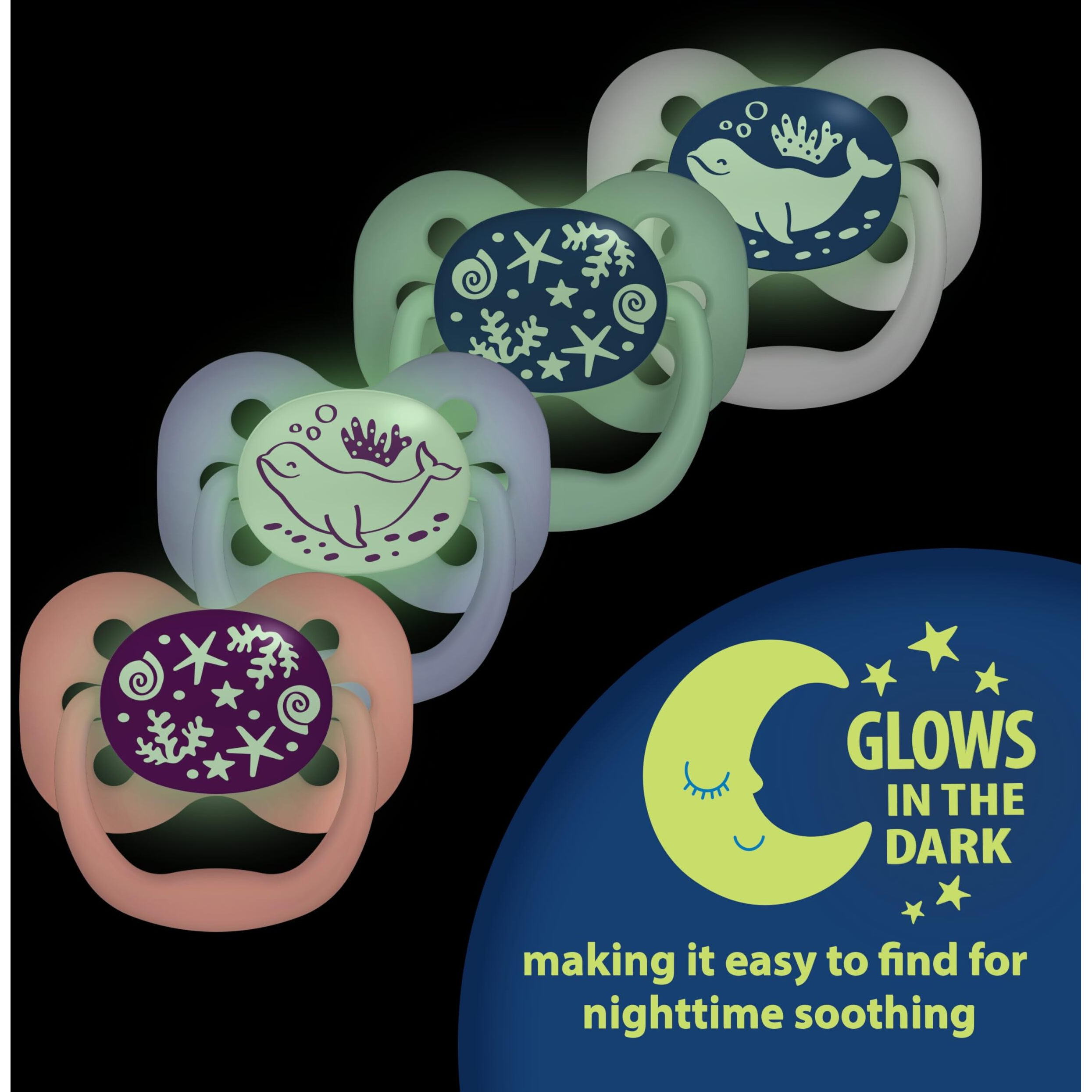 Dr. Brown's Advantage Glow-In-The-Dark Baby Pacifier, Fully Symmetrical Soother With Soft Silicone Bulb, 0-6M, Bpa Free, Lavender Love And Coral Ocean, 4 Pack (Style May Vary)