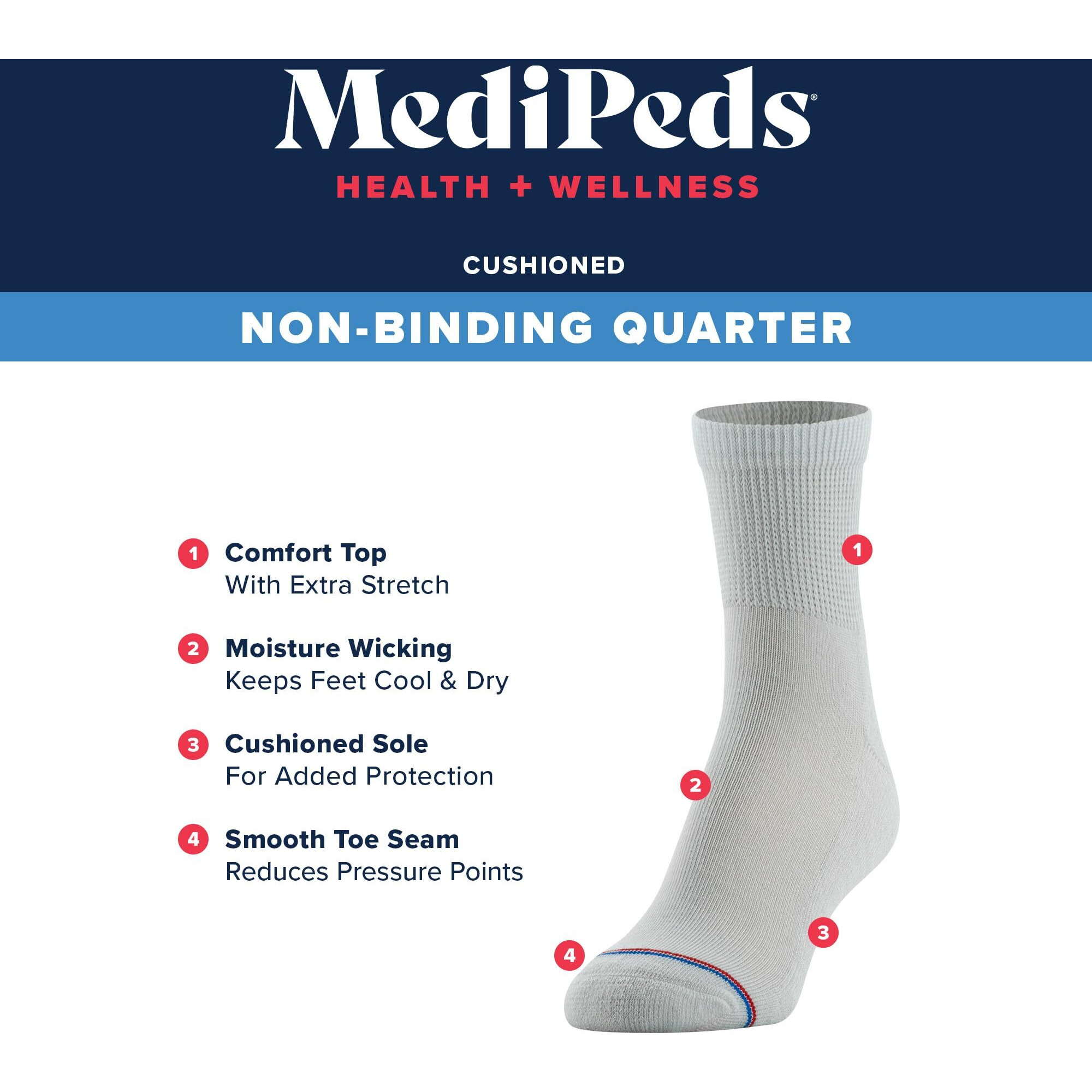 Medipeds Quarter Socks With Non-Binding Top And Cushion, Multipairs, Black (8-Pairs), Shoe Size Men's 7-12 Women's 10-13