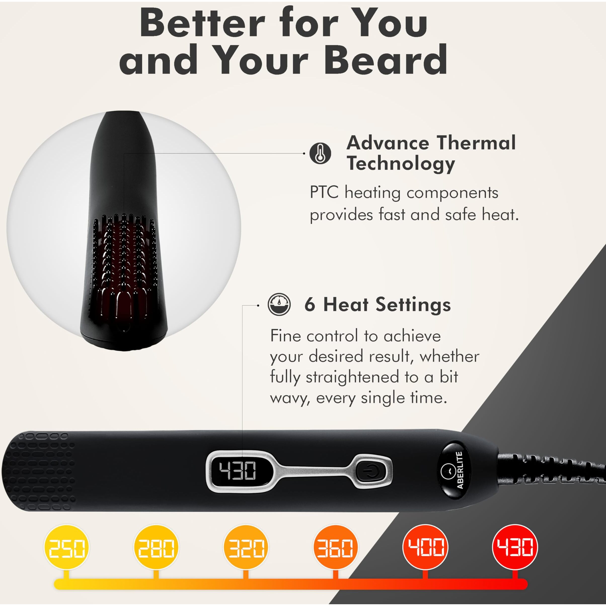 Aberlite Edc - Men's Professional Heated Beard Straightening Brush And Grooming Tool (For 0.5 Inch Plus Beards) (Black)