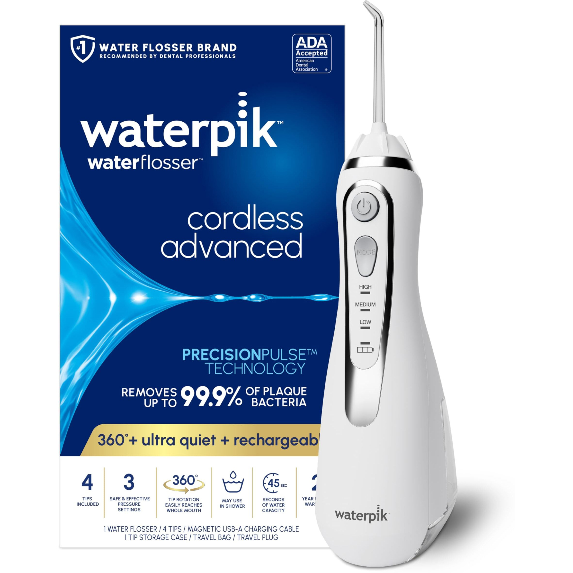 Waterpik Cordless Advanced 2.0 Water Flosser For Teeth, Gums, Braces, Dental Care With Travel Bag And 4 Tips, Ada Accepted, Rechargeable, Portable, And Waterproof, White Wp-580, Packaging May Vary