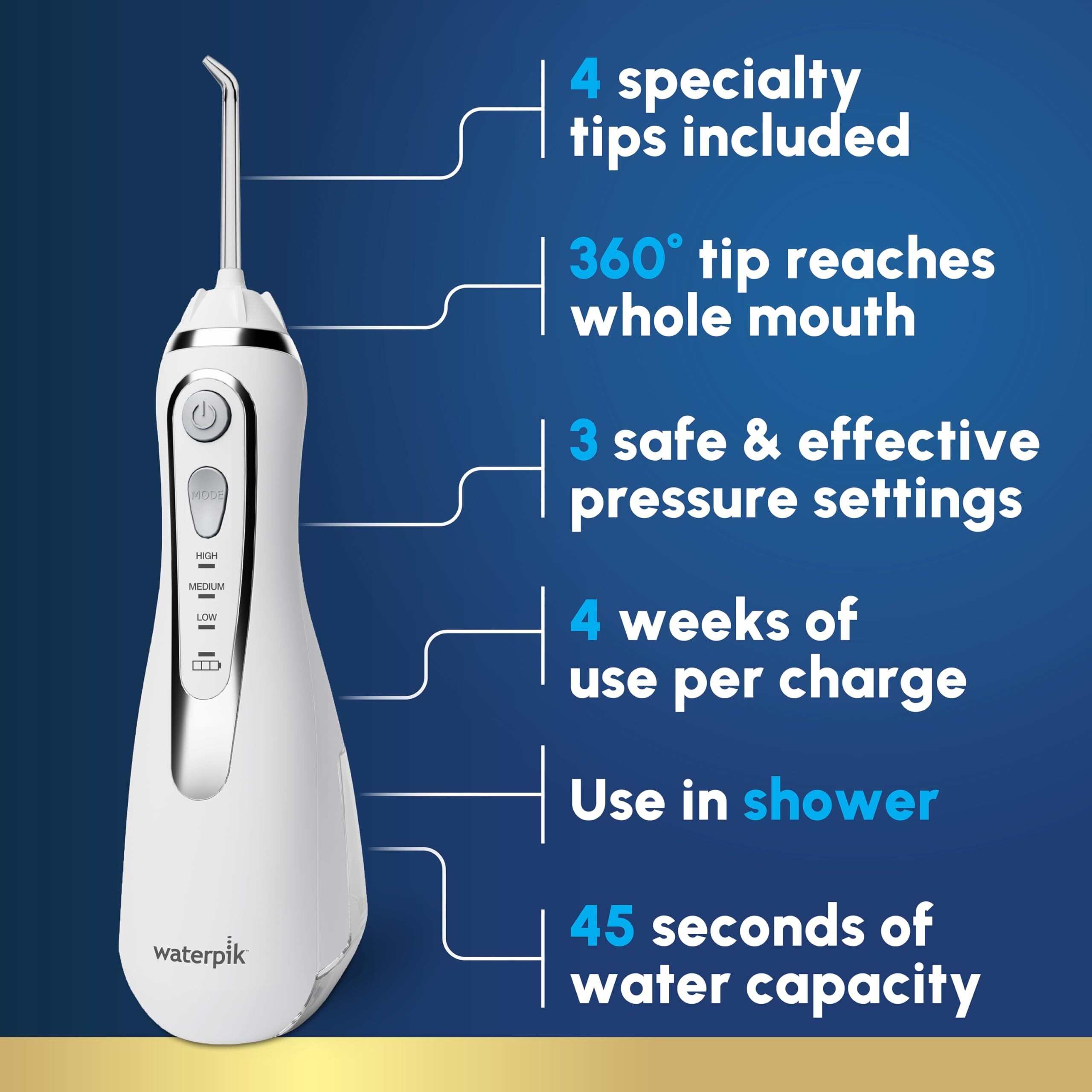 Waterpik Cordless Advanced 2.0 Water Flosser For Teeth, Gums, Braces, Dental Care With Travel Bag And 4 Tips, Ada Accepted, Rechargeable, Portable, And Waterproof, White Wp-580, Packaging May Vary