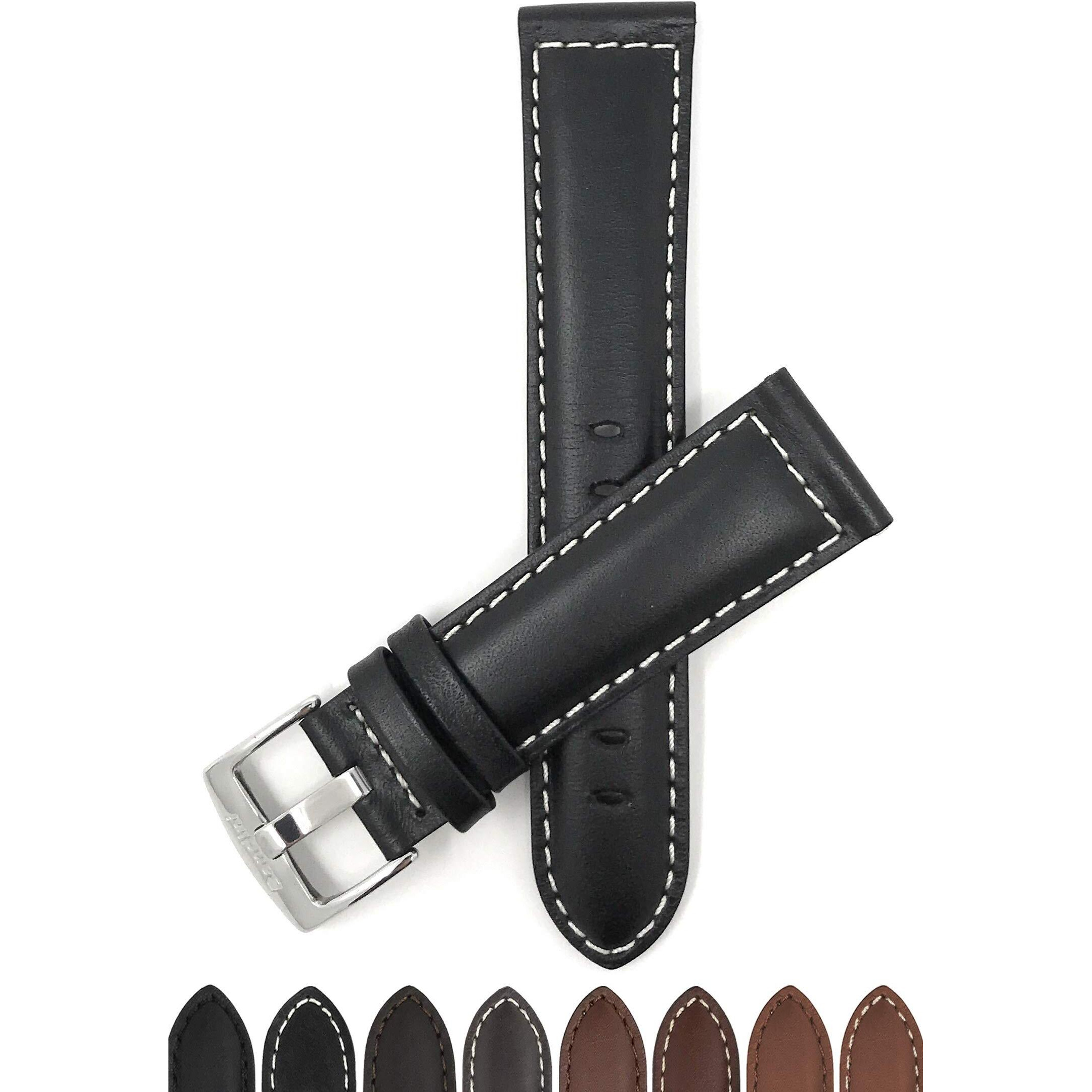 Bandini Extra Long (Xl) 26Mm Mens Italian Leather Watch Band Strap - Black - Mat Finish - White Stitching