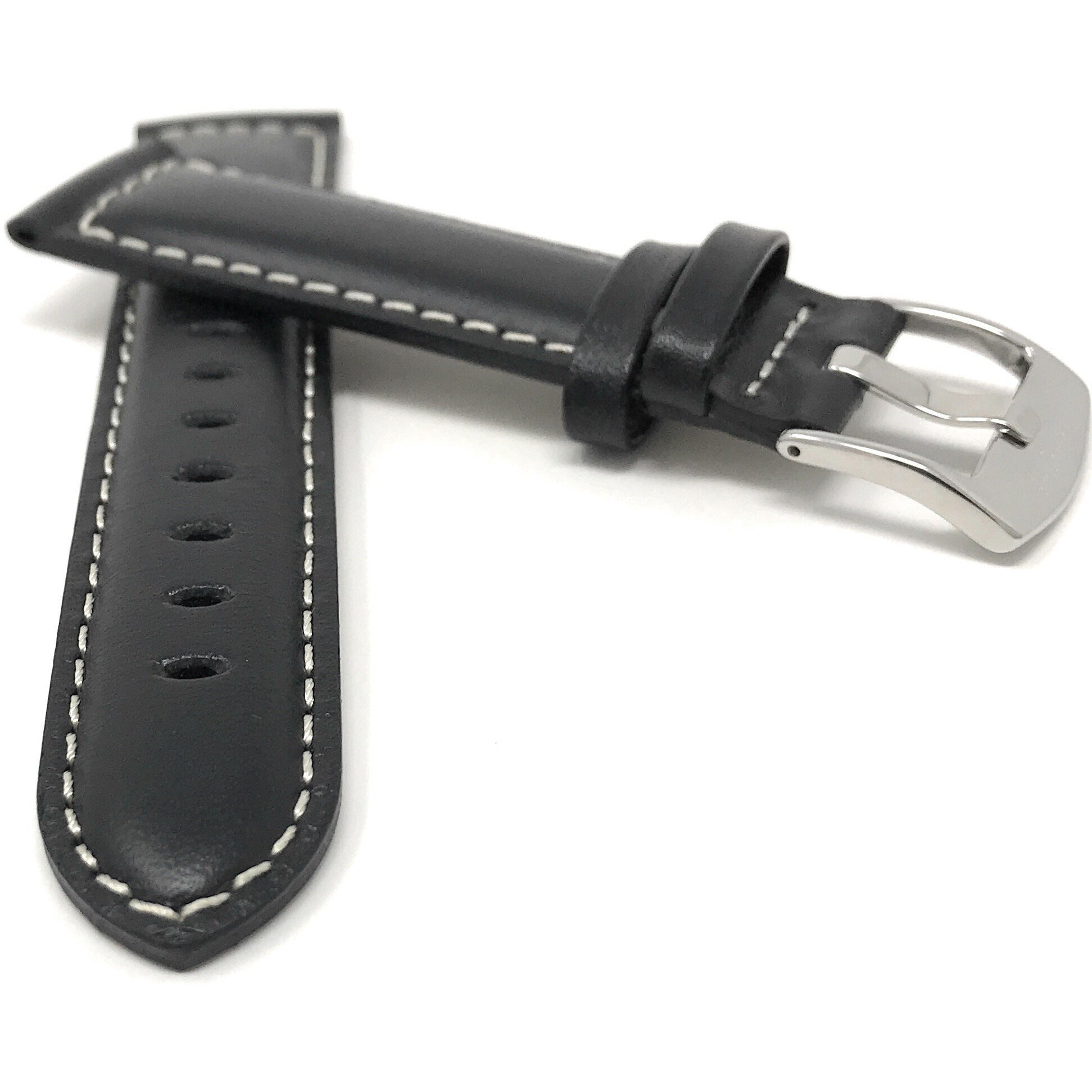 Bandini Extra Long (Xl) 26Mm Mens Italian Leather Watch Band Strap - Black - Mat Finish - White Stitching