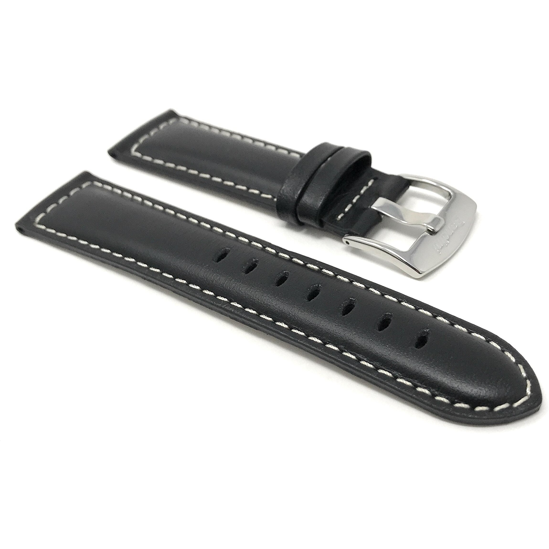 Bandini Extra Long (Xl) 26Mm Mens Italian Leather Watch Band Strap - Black - Mat Finish - White Stitching
