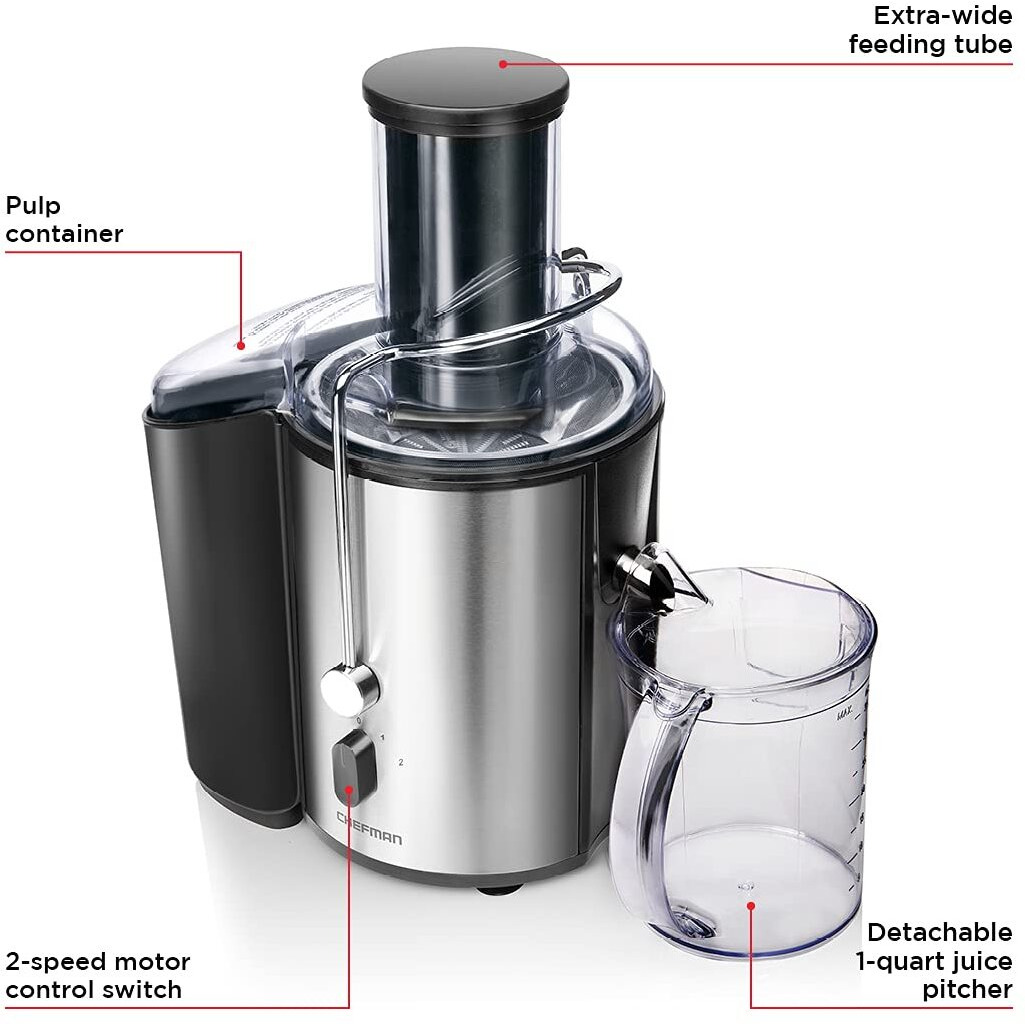 Chefman 2-Speed Electric Juicer, Extra-Wide Feeding Tube For Whole Fruits, Make Nutritious Vegetable And Green Juice, Detachable 1-Quart Pitcher, Built-In Foam Separator, Dishwasher-Safe Parts