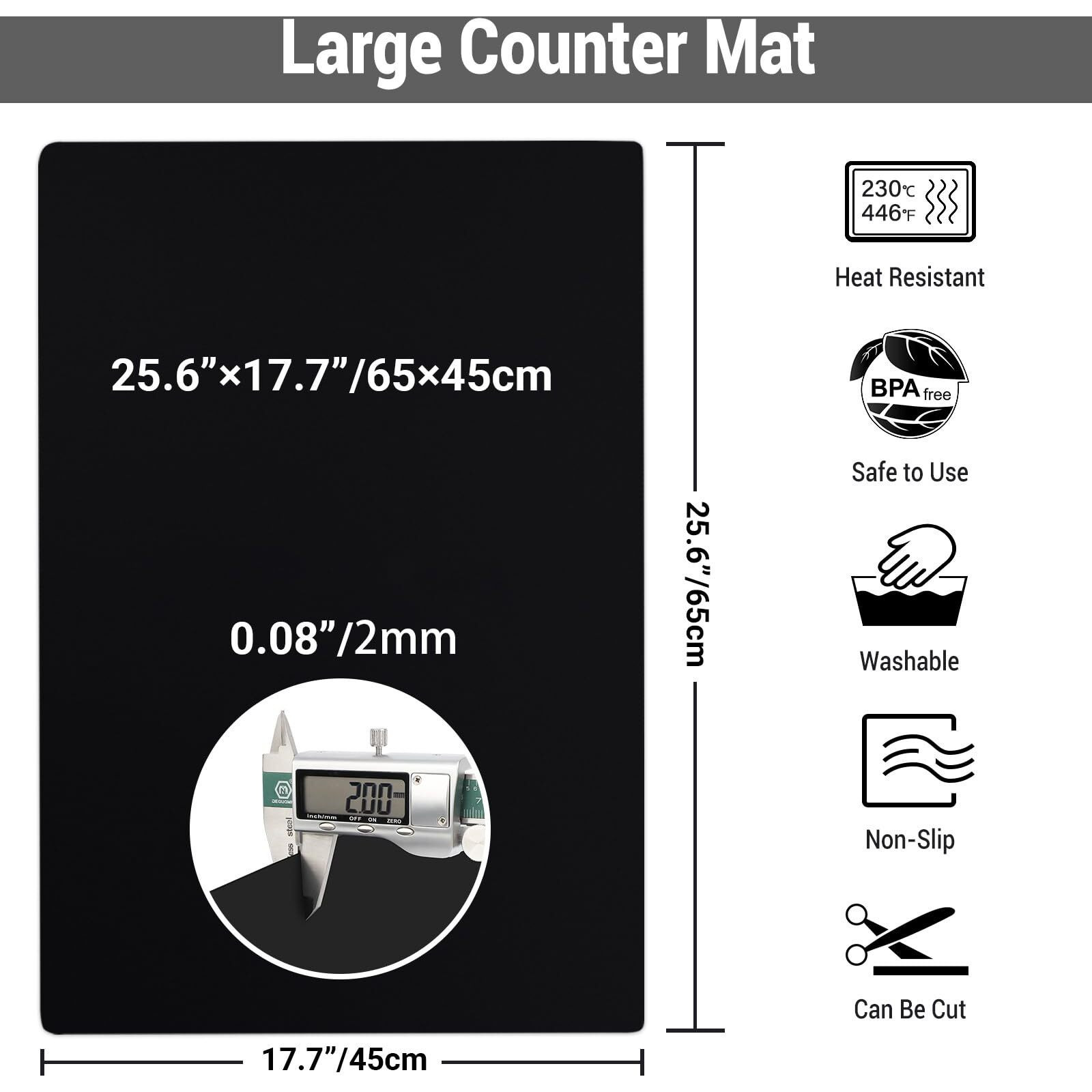Ewen 25.6X17.7 Inch Large Silicone Kitchen Counter Mat, 2Mm Thick Heat Resistant Countertop Protector, Silicone Mat Under Air Fryer, Toaster Oven, Microwave, Coffee Maker, Cutting Board, Drill, Black