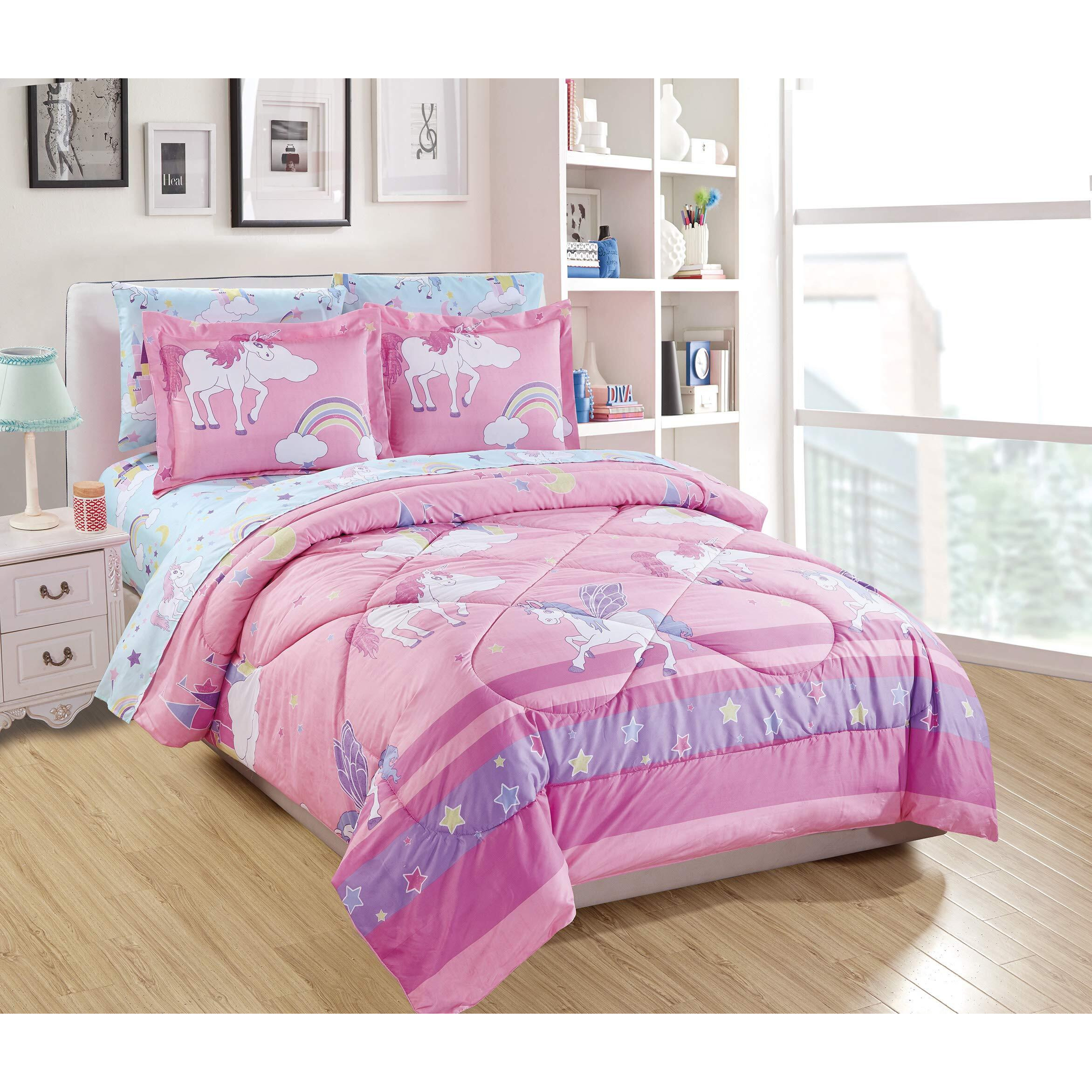 Mk Home Full Size Comforter Set For Girls Unicorn Blue Pink Purple Yellow White New