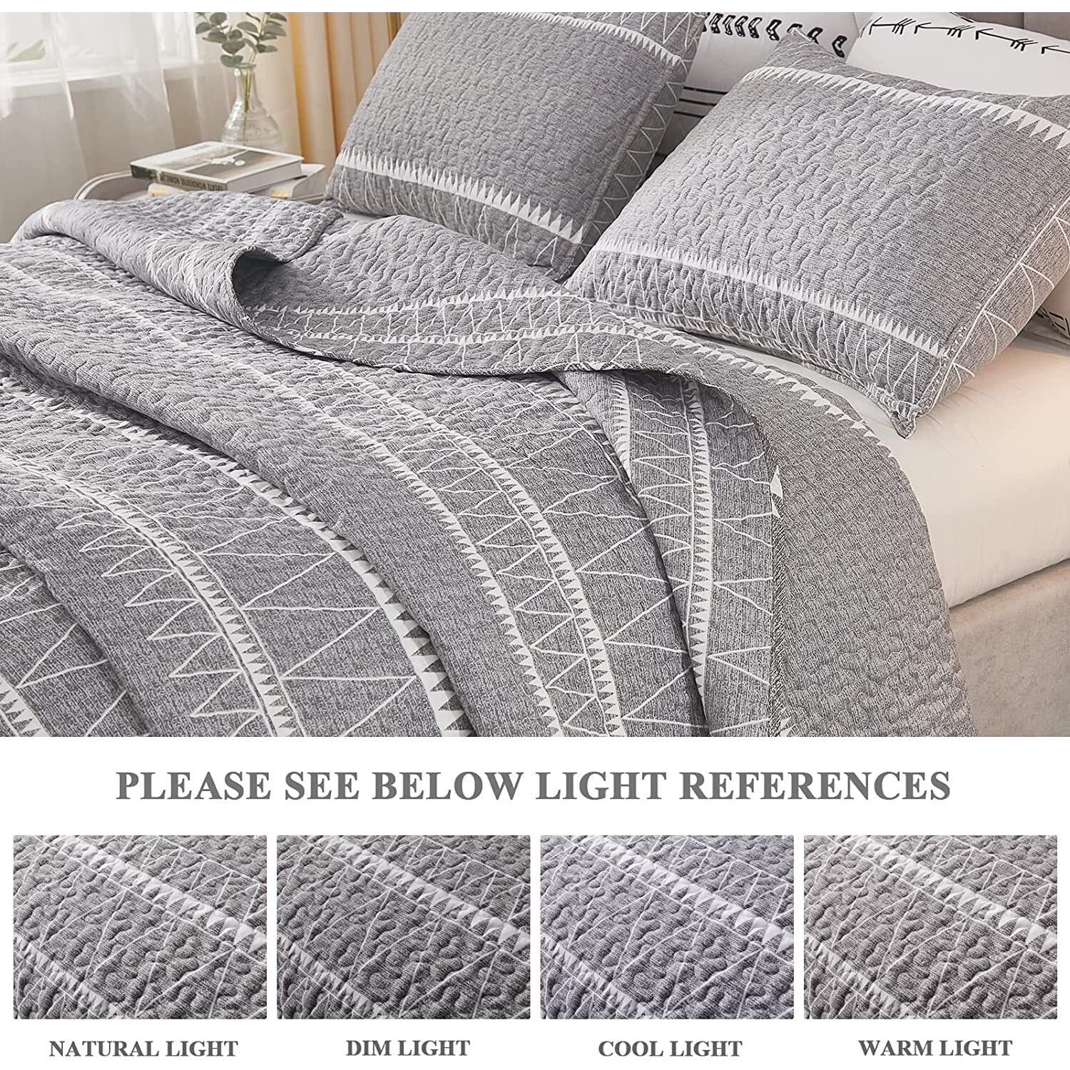 Andency Quilt King Size Set Grey (106X96 Inch), 3 Pieces(1 Striped Boho Printed Quilt And 2 Pillowcases), Bohemian Summer Lightweight Reversible Microfiber Bedspread Coverlet Sets