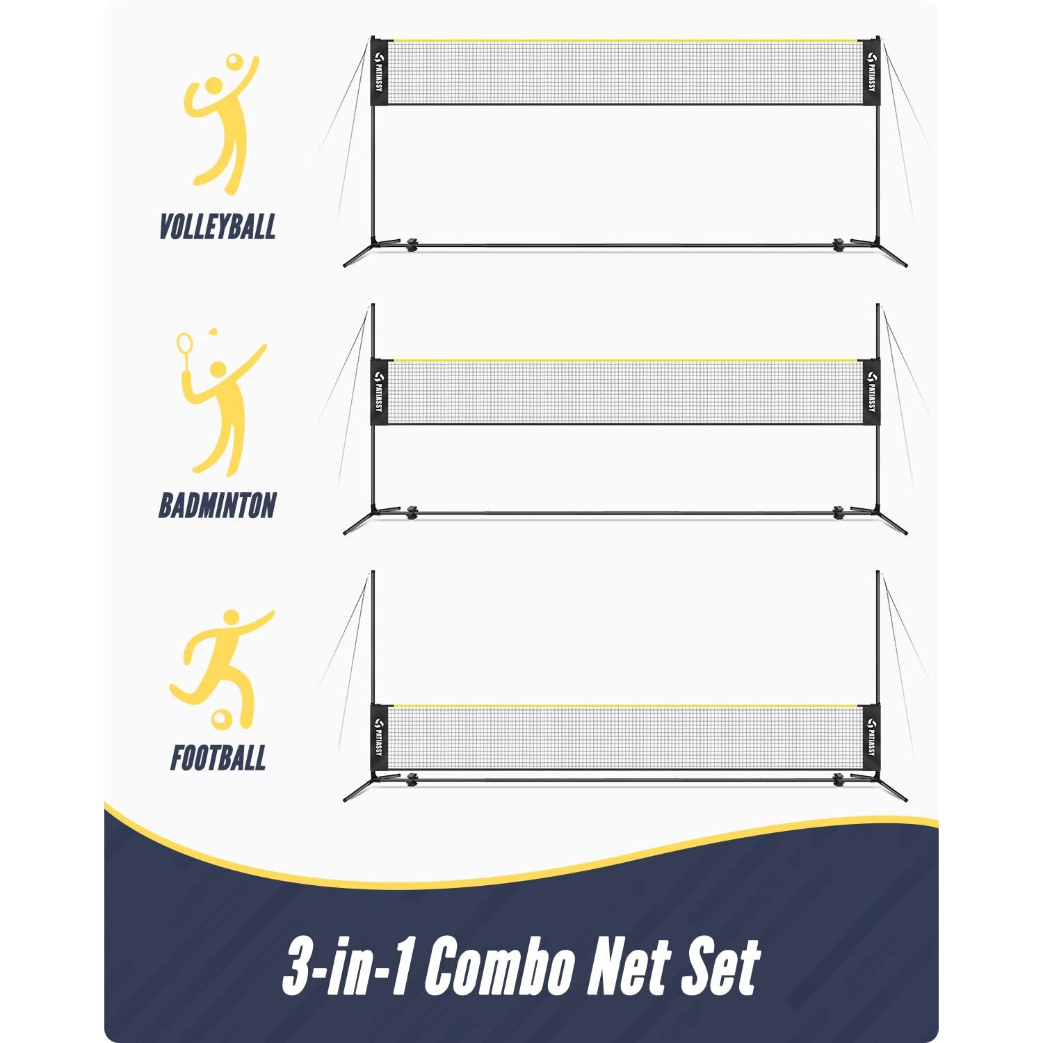 Patiassy 5.1Ft-7.4Ft Adjustable Height Volleyball Badminton Net Set 17Ft Portable Sports Net With Poles, 4 Badminton Rackets, 3 Shuttlecocks And 1 Volleyball For Indoor Outdoor