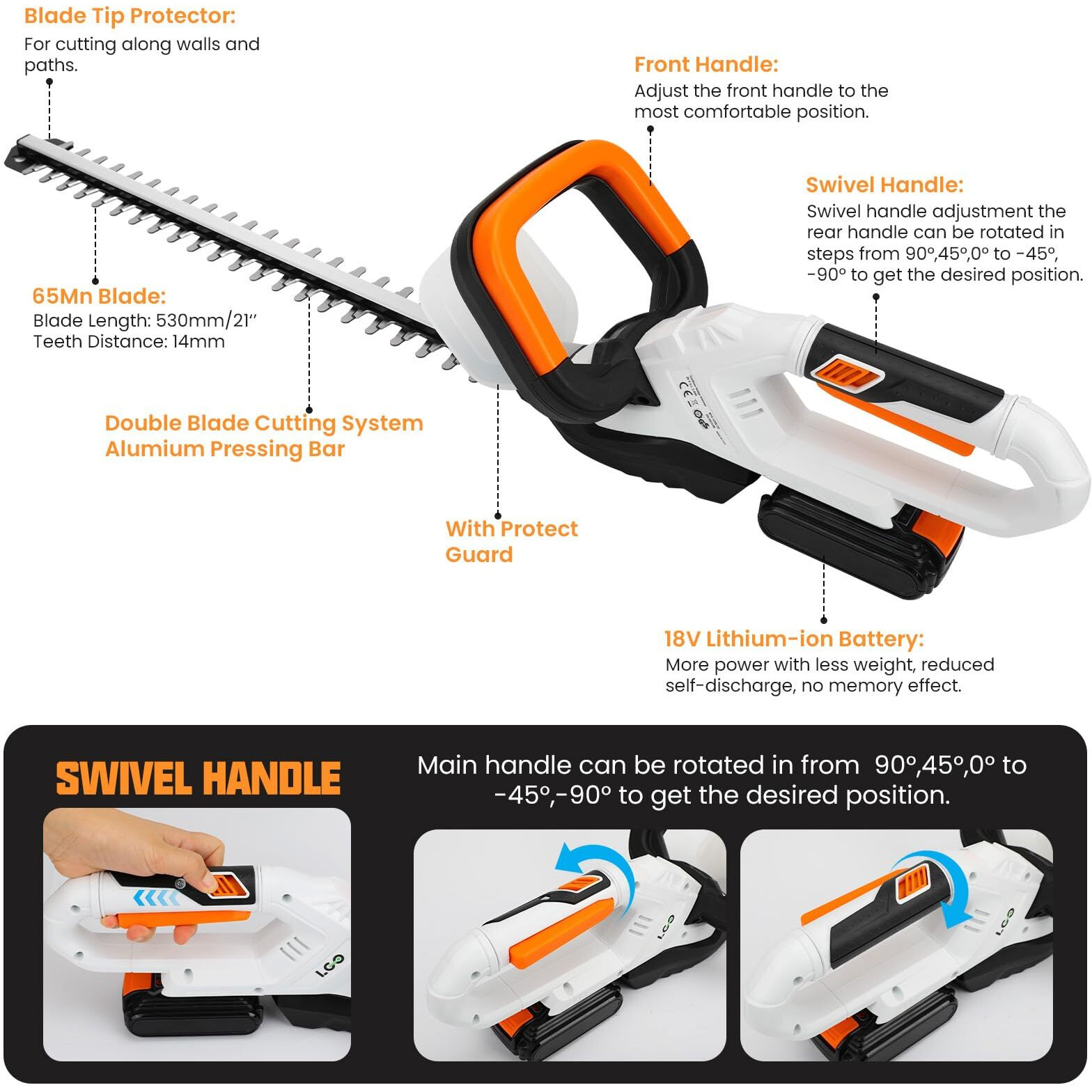 Ligo 20V Cordless Hedge Trimmer, Power Bush Trimmers Vibration-Proof, Double Safety-Swithes, Handle Adjusted Lightweight For Home Garden, Including 2000Mah Li-Ion Battery And Charger