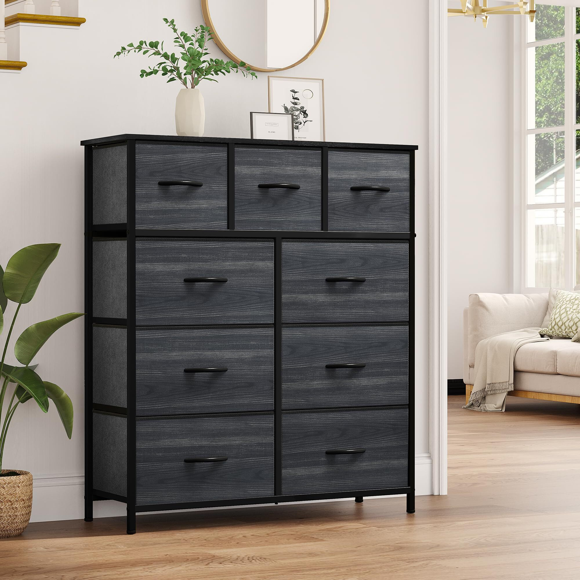 Yitahome Dresser With 9 Drawers - Fabric Storage Tower, Organizer Unit For Living Room, Hallway, Closets - Sturdy Steel Frame, Wooden Top & Easy Pull Fabric Bins (Charcoal Black Wood Grain)