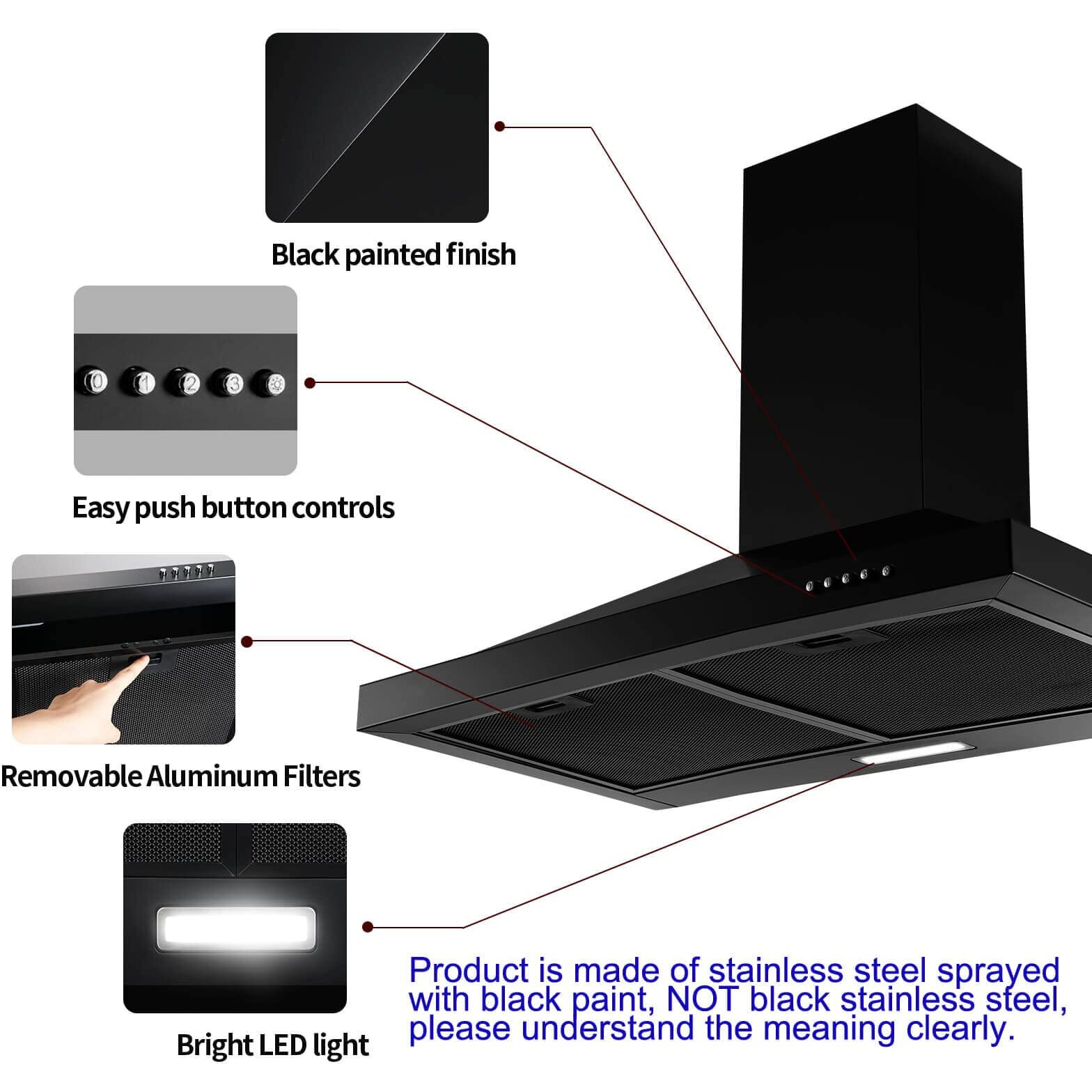 Sndoas 24 Inch Range Hood Black Range Hood, Ductless Range Hood With Energy Saving Led Light,Wall Mount Kitchen Hood,Over Stove Vent,Stainless Steel Chimney-Style Range Hood,Black Vent Hood
