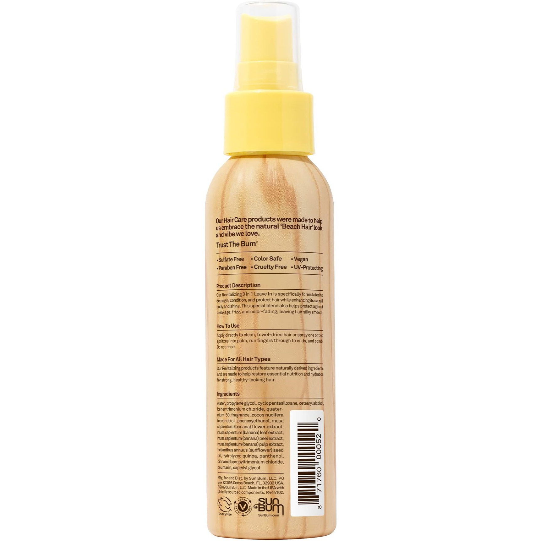 Sun Bum Revitalizing 3 In 1 Leave-In Conditioner Spray Detangler | Anti Frizz , Paraben And Gluten Free, Vegan, And Color Safe With Uv Protection | 4 Oz