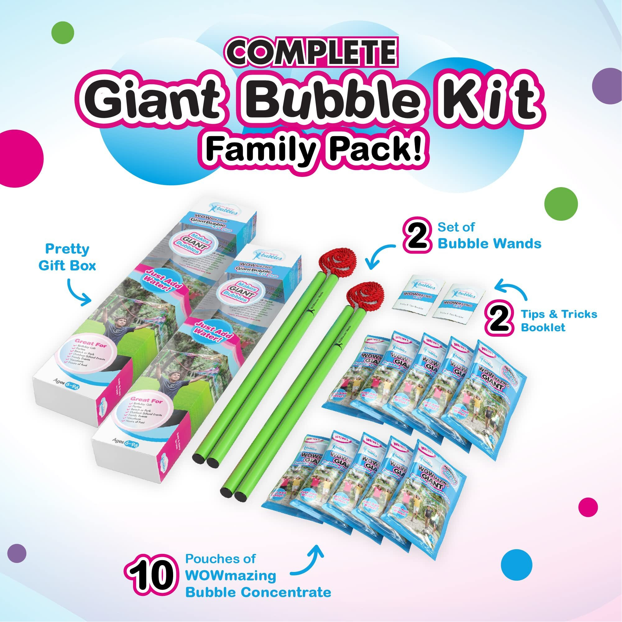 Wowmazing Giant Bubble Kit Family Pack (14-Piece Set) Best Value - Big Bubbles Kit Including Big Bubble Wand And Giant Bubble Solution Concentrate. Makes 3 Gallon Of Large Bubbles-Family Kit