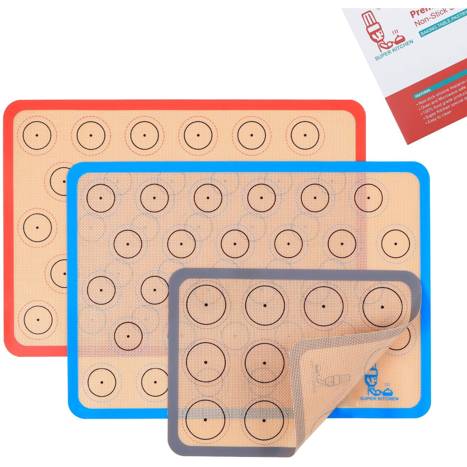Silicone Baking Mat Macaron - Set Of 3 (2 Half Sheet Liners And 1 Quarter Sheet), Non Stick Silicon Cookie Oven Liner For Macaroons, Bake Pans, Pizza, Toaster, Cake And Bread Making (Red,Blue,Gray)