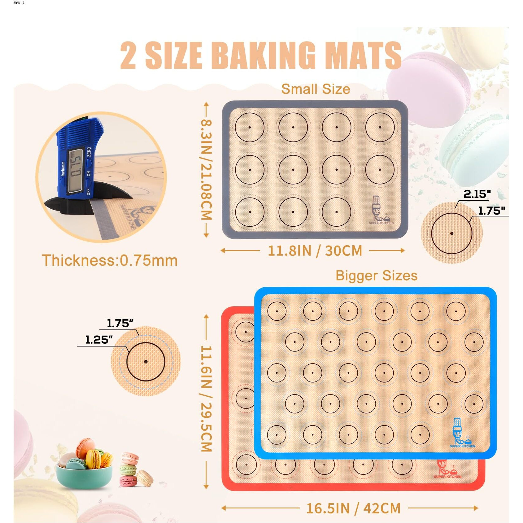 Silicone Baking Mat Macaron - Set Of 3 (2 Half Sheet Liners And 1 Quarter Sheet), Non Stick Silicon Cookie Oven Liner For Macaroons, Bake Pans, Pizza, Toaster, Cake And Bread Making (Red,Blue,Gray)