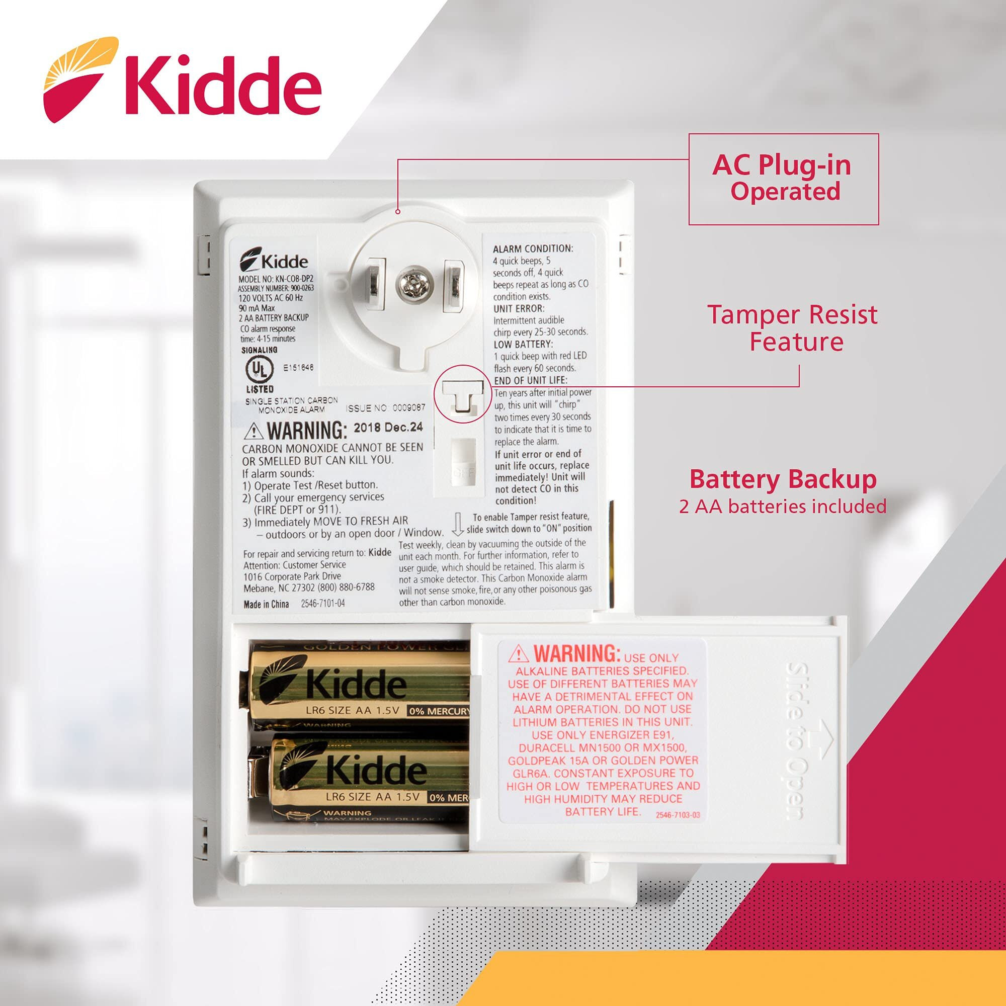 Kidde Carbon Monoxide Detector, Plug In Wall With Aa Battery Backup, Test-Hush Button