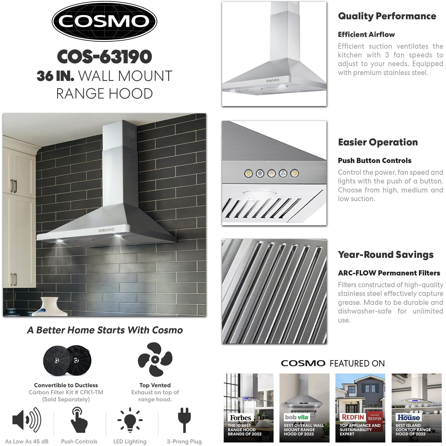 Cosmo 63190 36 In. Wall Mount Range Hood With Ducted Convertible Ductless (No Kit Included), Kitchen Chimney-Style Over Stove Vent, 3 Speed Exhaust Fan, Led Lights In Stainless Steel