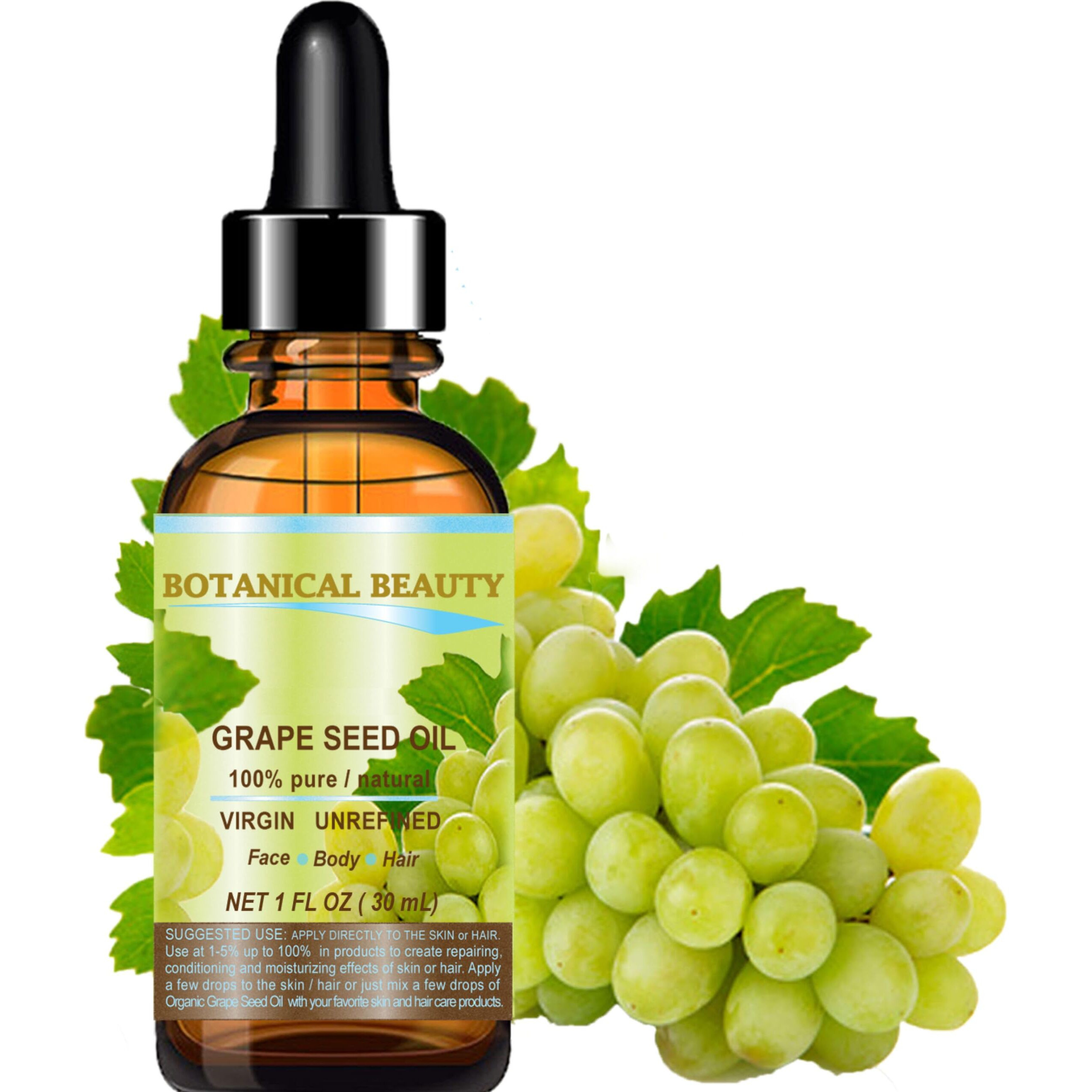 Botanical Beauty Grape Seed Oil Pure Natural Undiluted Virgin Unscented Cold Pressed Carrier Oil For Face, Skin, Hair, Massage And Nail Care. 1 Fl. Oz- 30 Ml