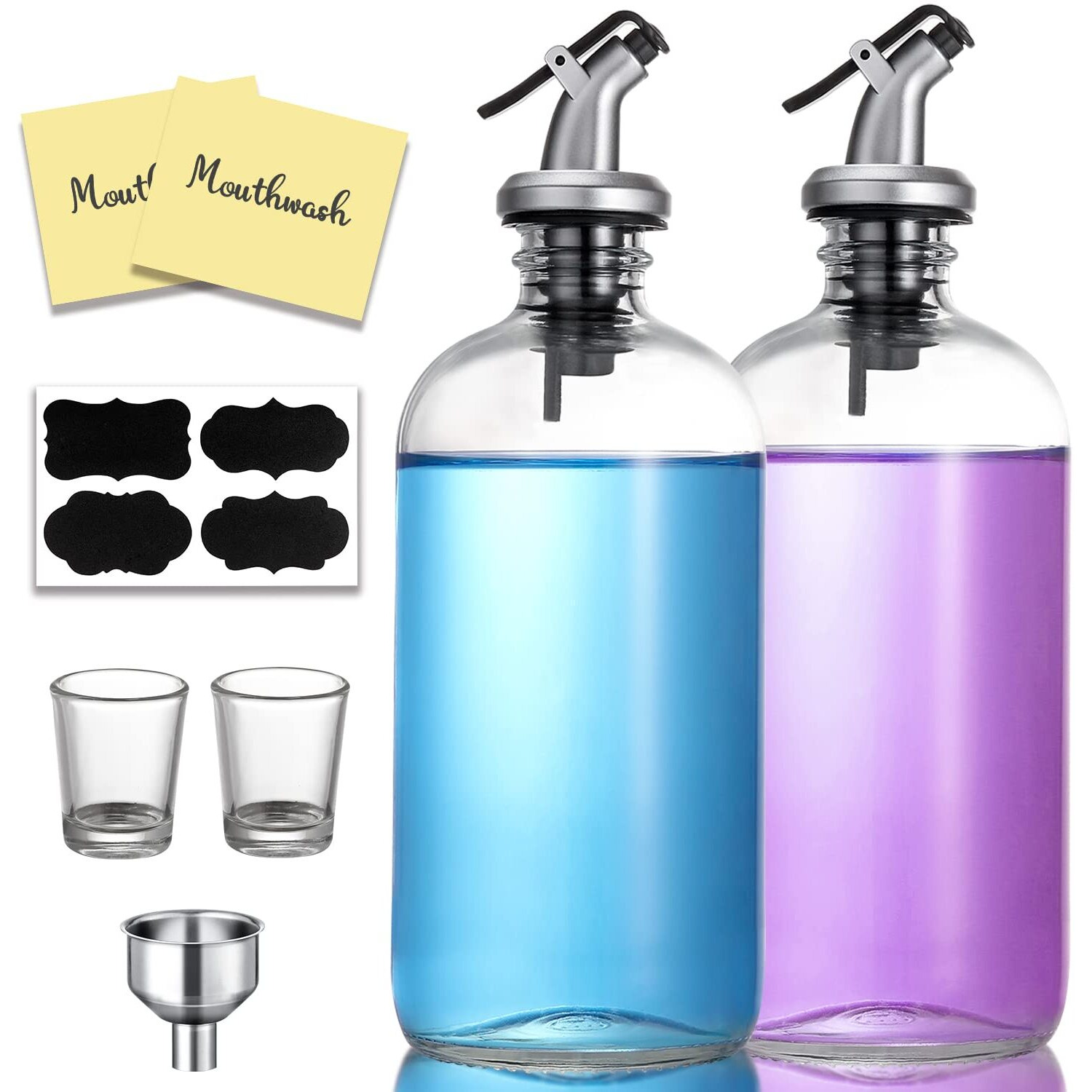 Aozita 16-Ounce Glass Mouthwash Dispenser - Clear Glass Bottle With Pour Spout, Shot Glass, Funnel And Labels, Refillable Boston Round Bottles - 2 Pack