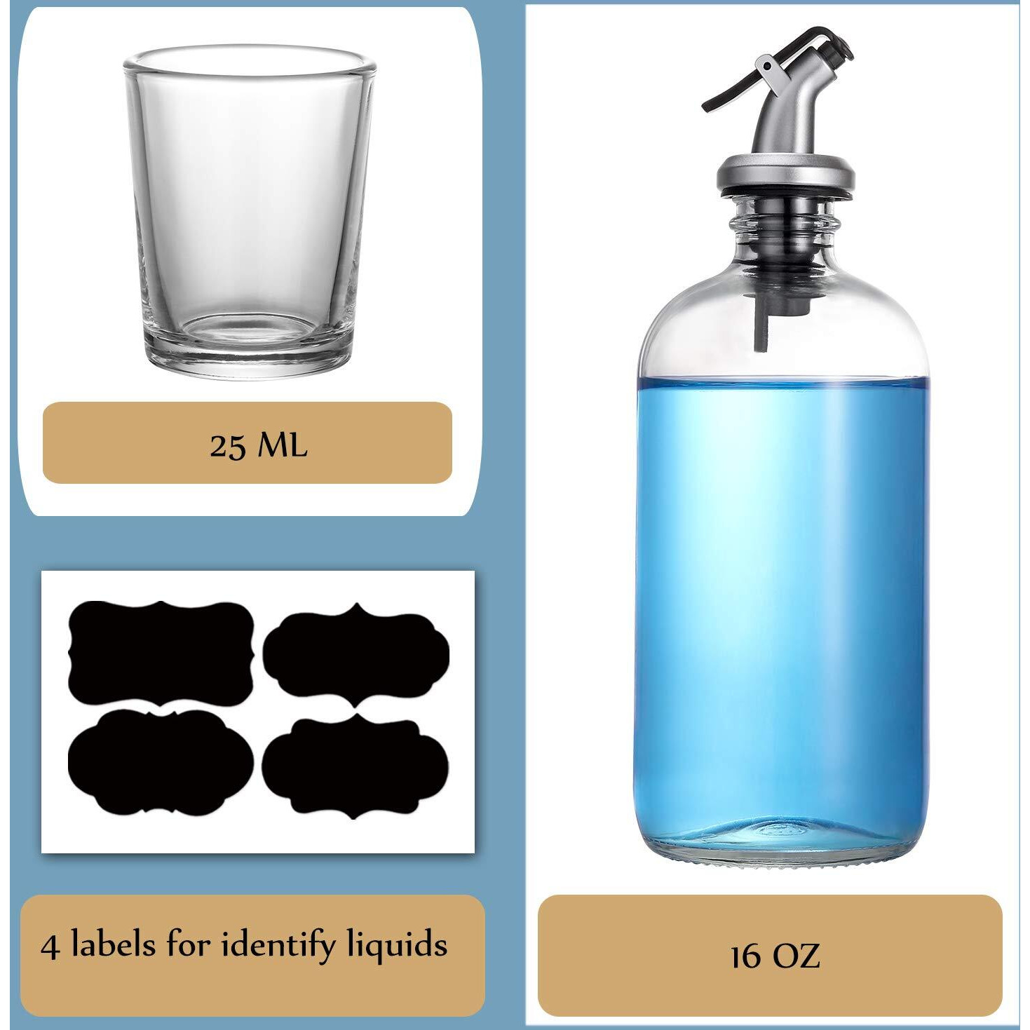 Aozita 16-Ounce Glass Mouthwash Dispenser - Clear Glass Bottle With Pour Spout, Shot Glass, Funnel And Labels, Refillable Boston Round Bottles - 2 Pack