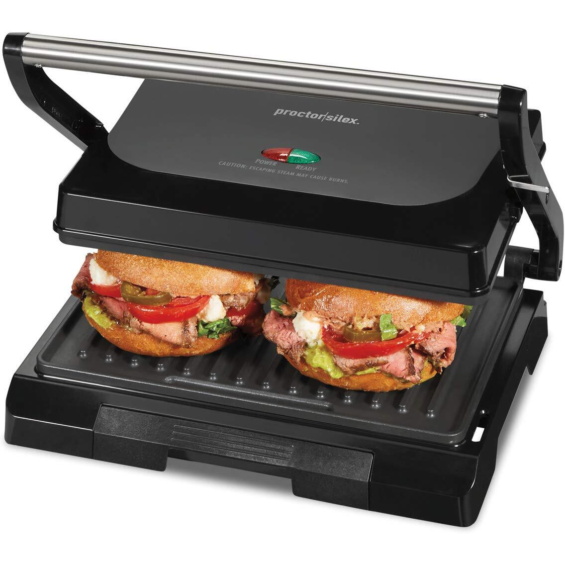 Proctor Silex Panini Press Sandwich Maker And Electric Indoor Grill, 1000 Watts, Easy Clean Nonstick Grids, Compact Upright Storage, Black (25440Ps)
