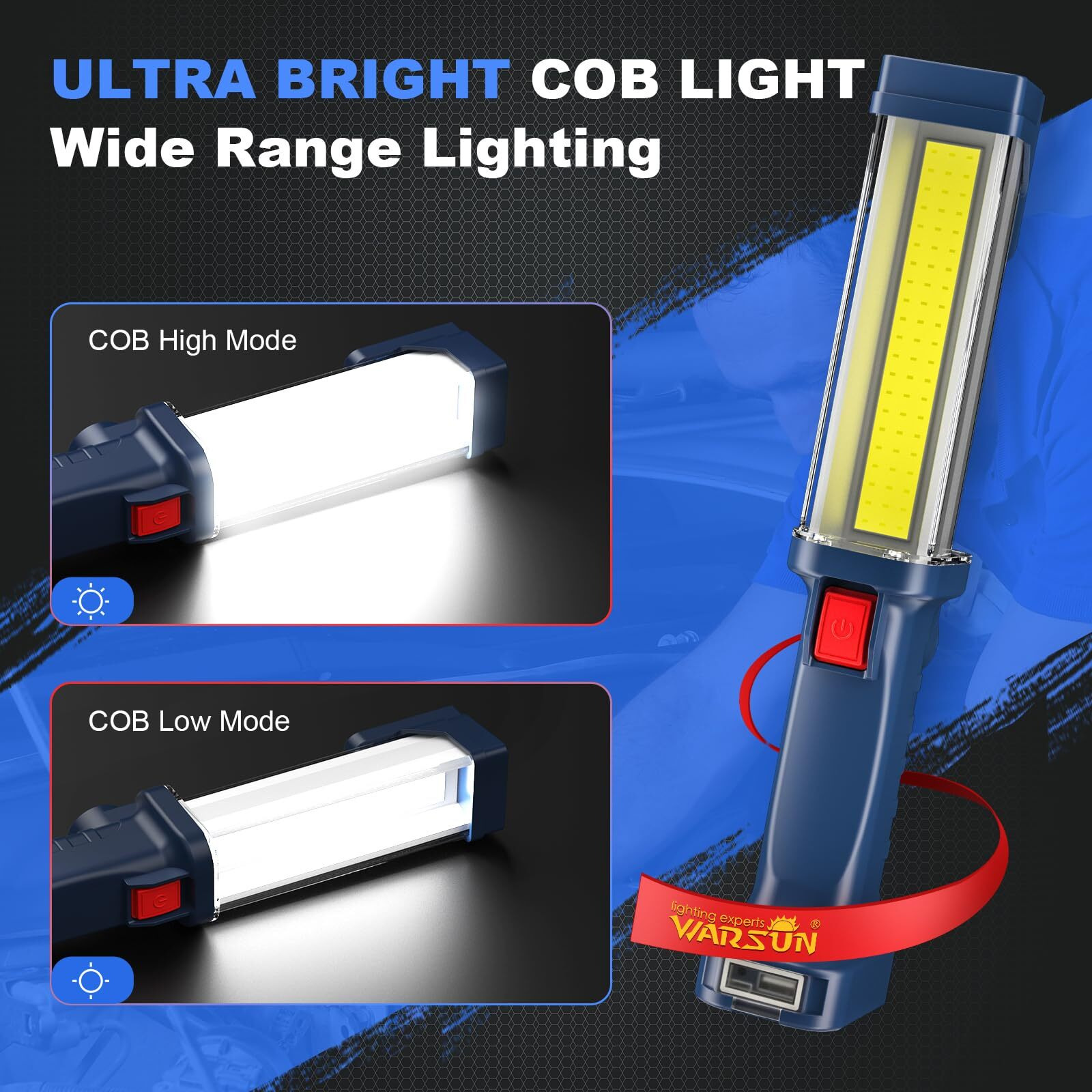 Warsun Led Work Light Rechargeable, Portable Mechanic Trouble Light With1200 Lumens, Cob Worklight Magnetic Base, Cordless Floodlight For Car Repair, Camping, Hiking, 30W