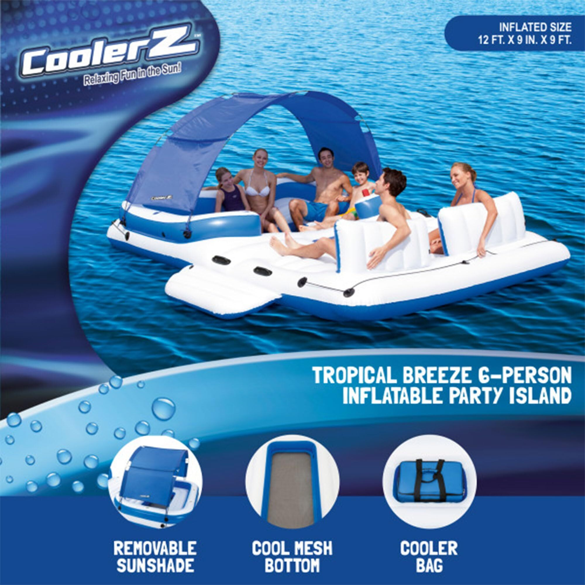 Bestway Hydro-Force Tropical Breeze 6 Person Inflatable Party Island Water Float Lounger With 6 Cup Holders, Backrests, And Detachable Sun Shade