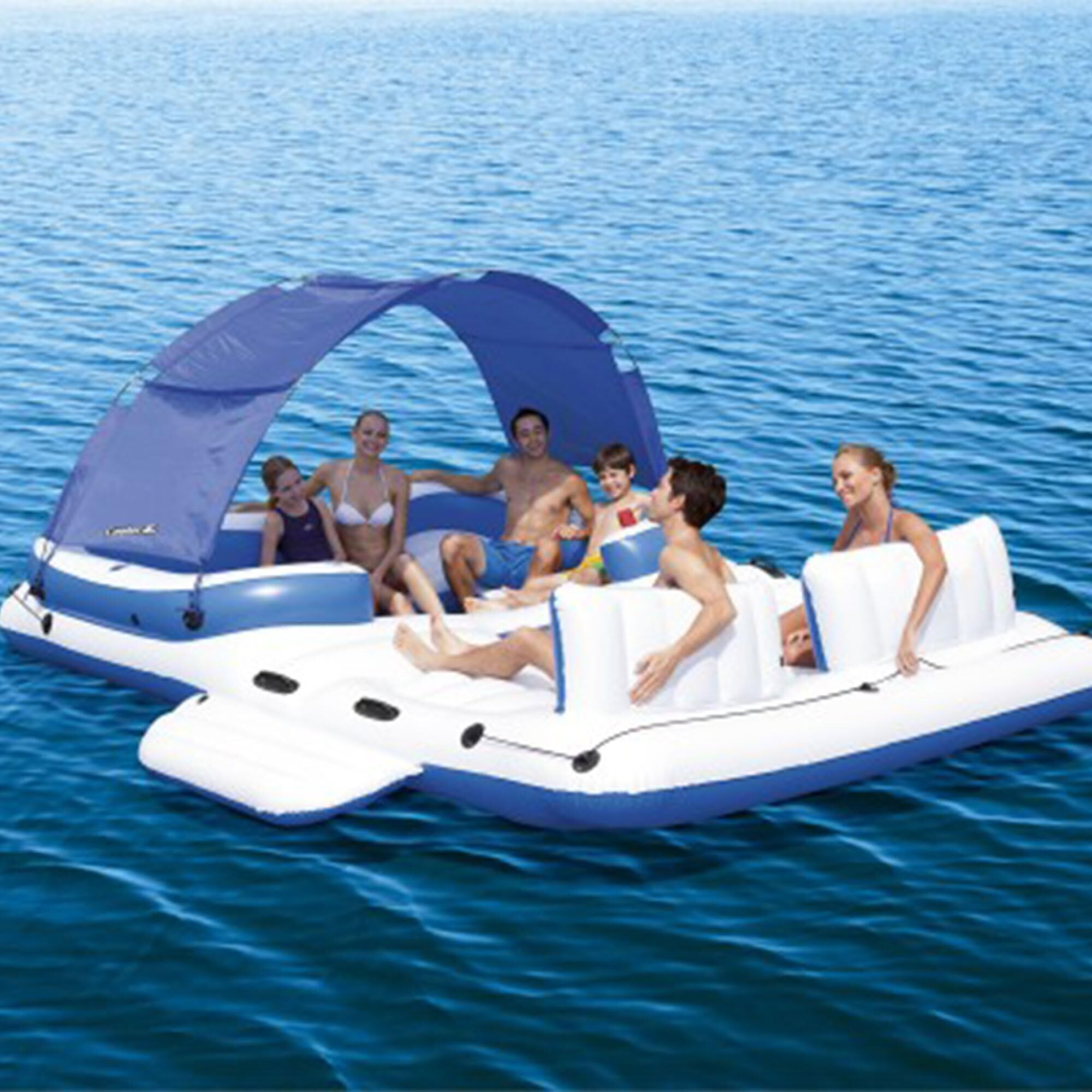 Bestway Hydro-Force Tropical Breeze 6 Person Inflatable Party Island Water Float Lounger With 6 Cup Holders, Backrests, And Detachable Sun Shade