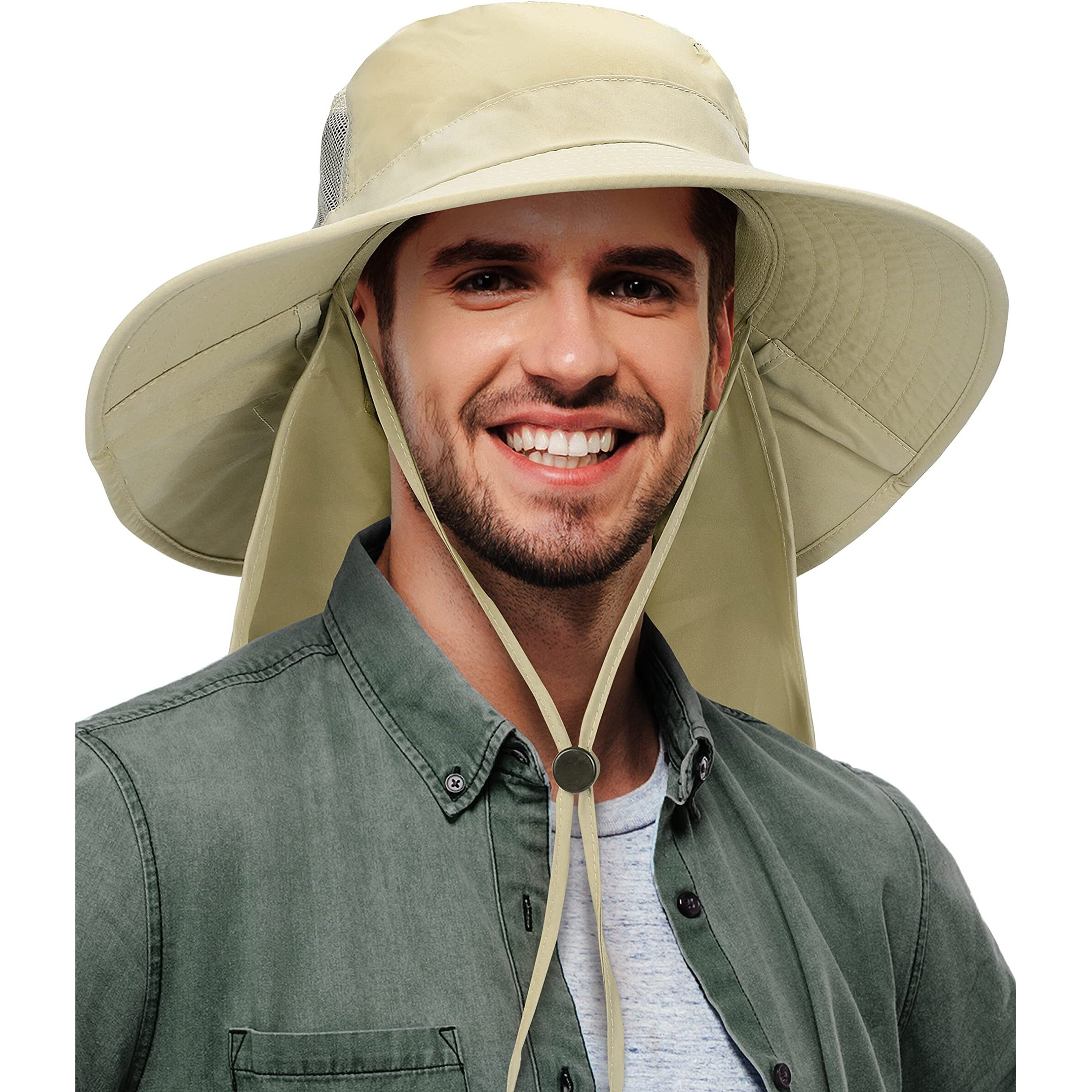 Tirrinia Mens Neck Flap Sun Hat Wide Brim Fishing Safari Hiking Cap Tan