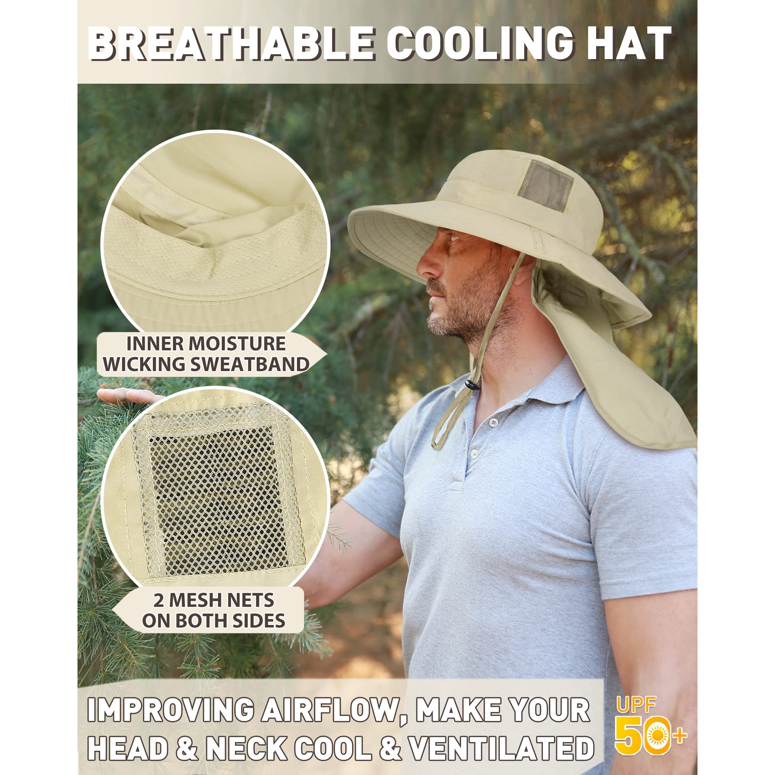 Tirrinia Mens Neck Flap Sun Hat Wide Brim Fishing Safari Hiking Cap Tan