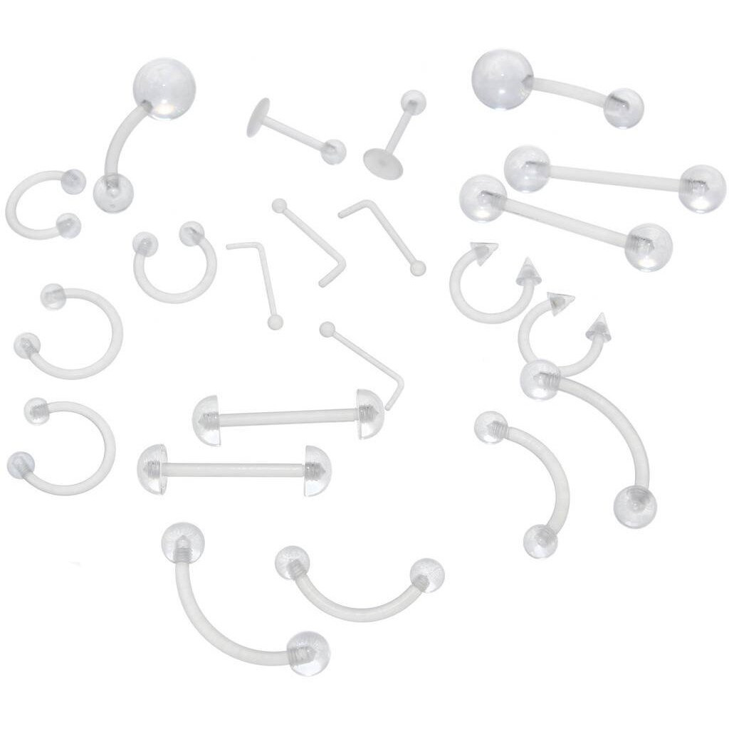 Oasis Plus 22Pcs 14G 16G 18G 20G Clear Flexible Bioplast Retainer Navel Belly Ring Eyebrow Tongue Nipple Barbell Nose Lip Labret Stud