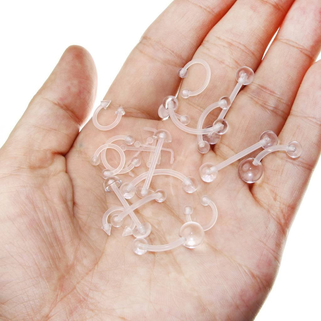 Oasis Plus 22Pcs 14G 16G 18G 20G Clear Flexible Bioplast Retainer Navel Belly Ring Eyebrow Tongue Nipple Barbell Nose Lip Labret Stud