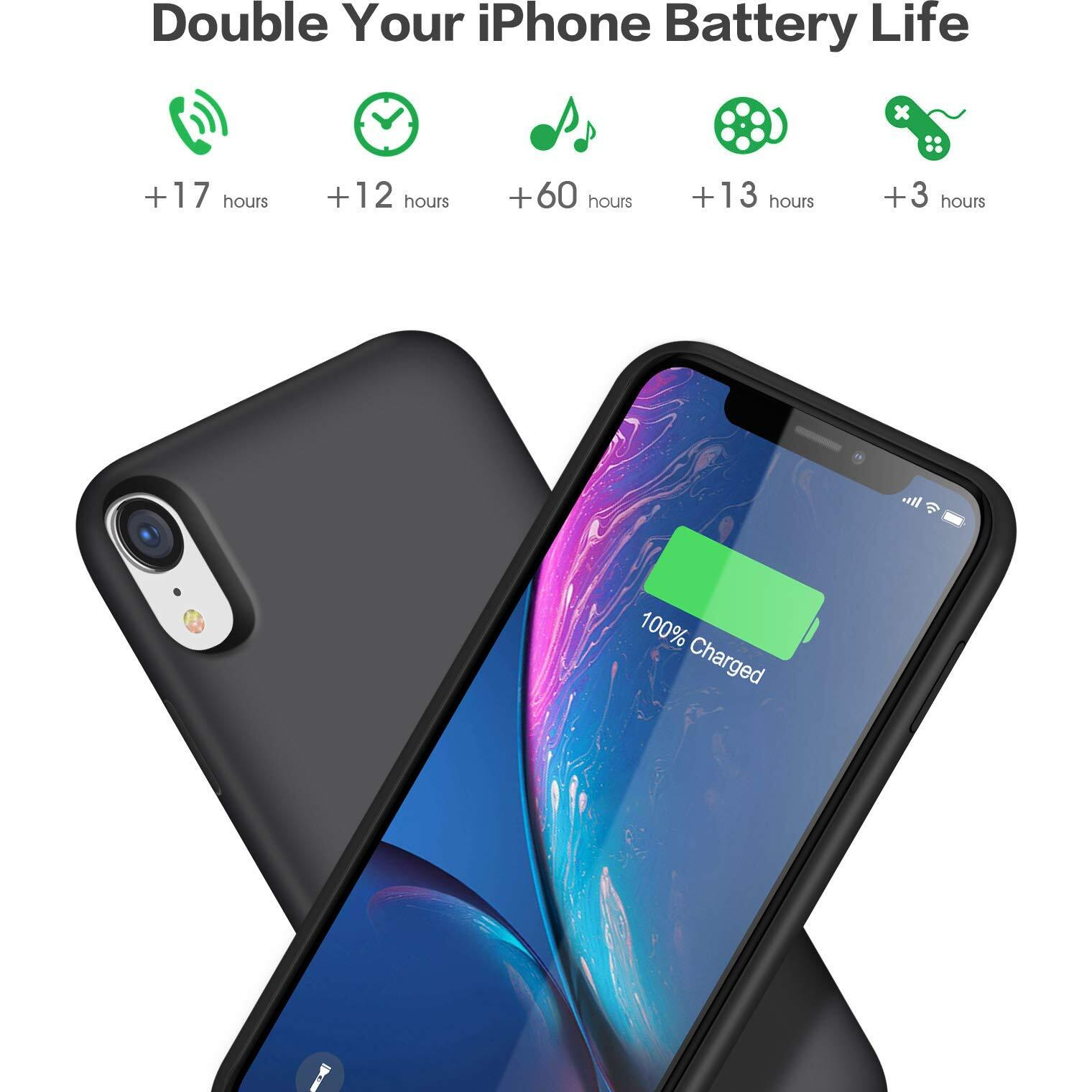 Trswyop Battery Case For Iphone Xr, 6800Mah Portable Charging Case For Iphone Xr Rechargeable Backup External Battery Pack Extended Battery Protective Charger Case(6.1Inch)-Black