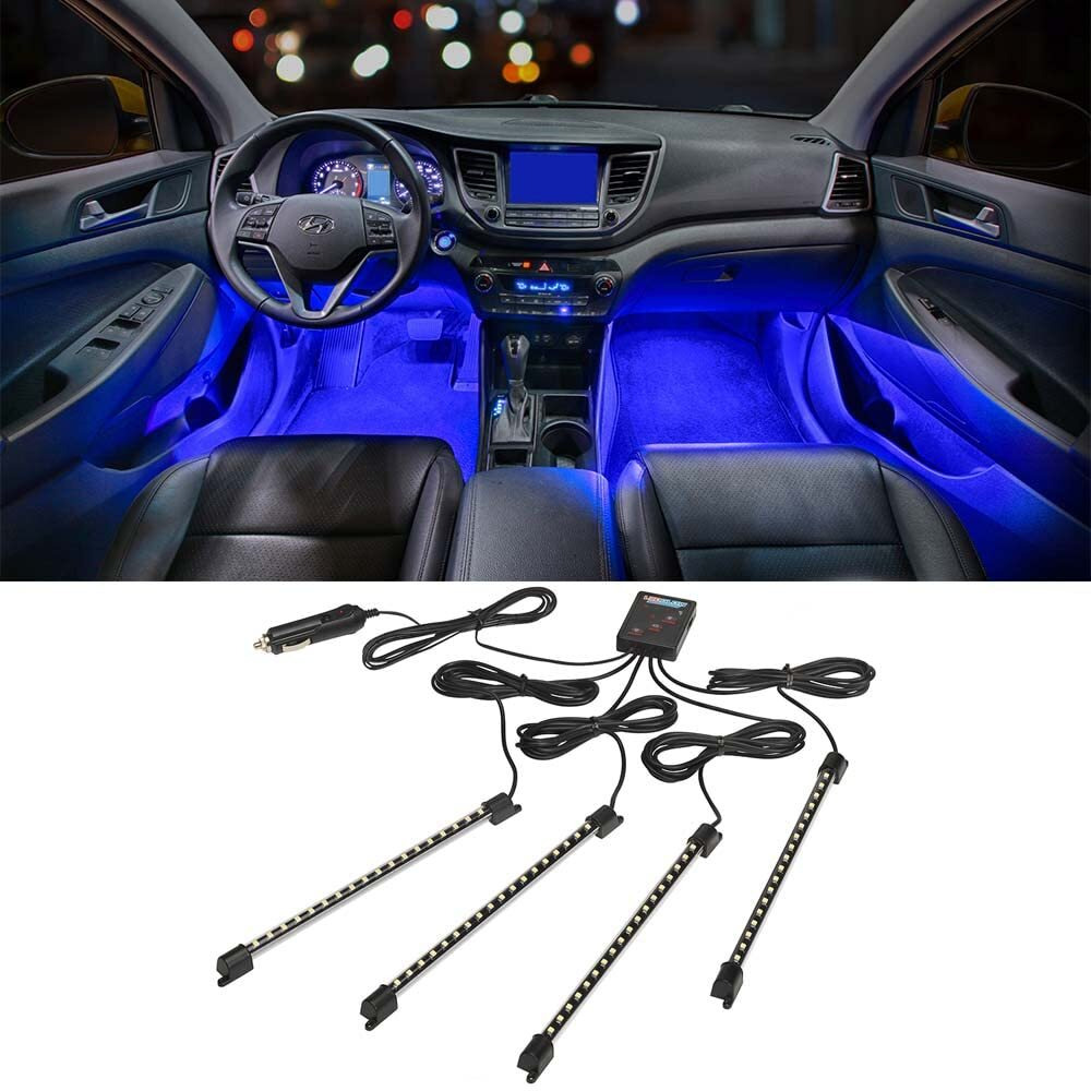 Ledglow 4Pc Blue Led Interior Footwell Underdash Neon Lighting Kit For Cars & Trucks - 7 Unique Patterns - Music Mode - 8 Brightness Levels - Auto Illumination - Includes Cigarette Power Adapter