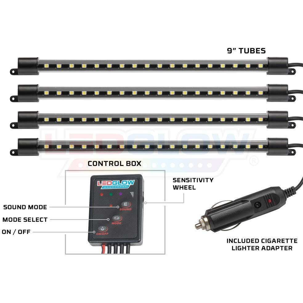 Ledglow 4Pc Blue Led Interior Footwell Underdash Neon Lighting Kit For Cars & Trucks - 7 Unique Patterns - Music Mode - 8 Brightness Levels - Auto Illumination - Includes Cigarette Power Adapter