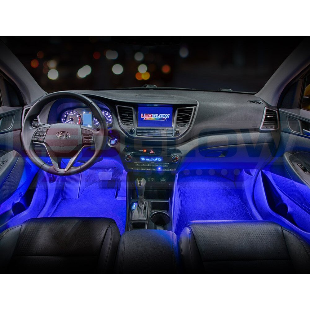 Ledglow 4Pc Blue Led Interior Footwell Underdash Neon Lighting Kit For Cars & Trucks - 7 Unique Patterns - Music Mode - 8 Brightness Levels - Auto Illumination - Includes Cigarette Power Adapter