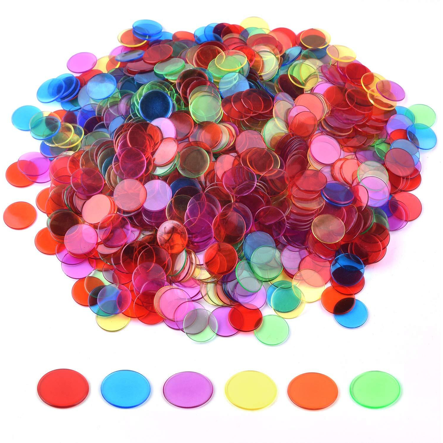 Coopay 900 Pieces Counters Counting Chips Plastic Markers Mixed Transparent Colors For Bingo Chips Game Tokens, Contain White, Blue, Green, Yellow, Red, Purple Colors