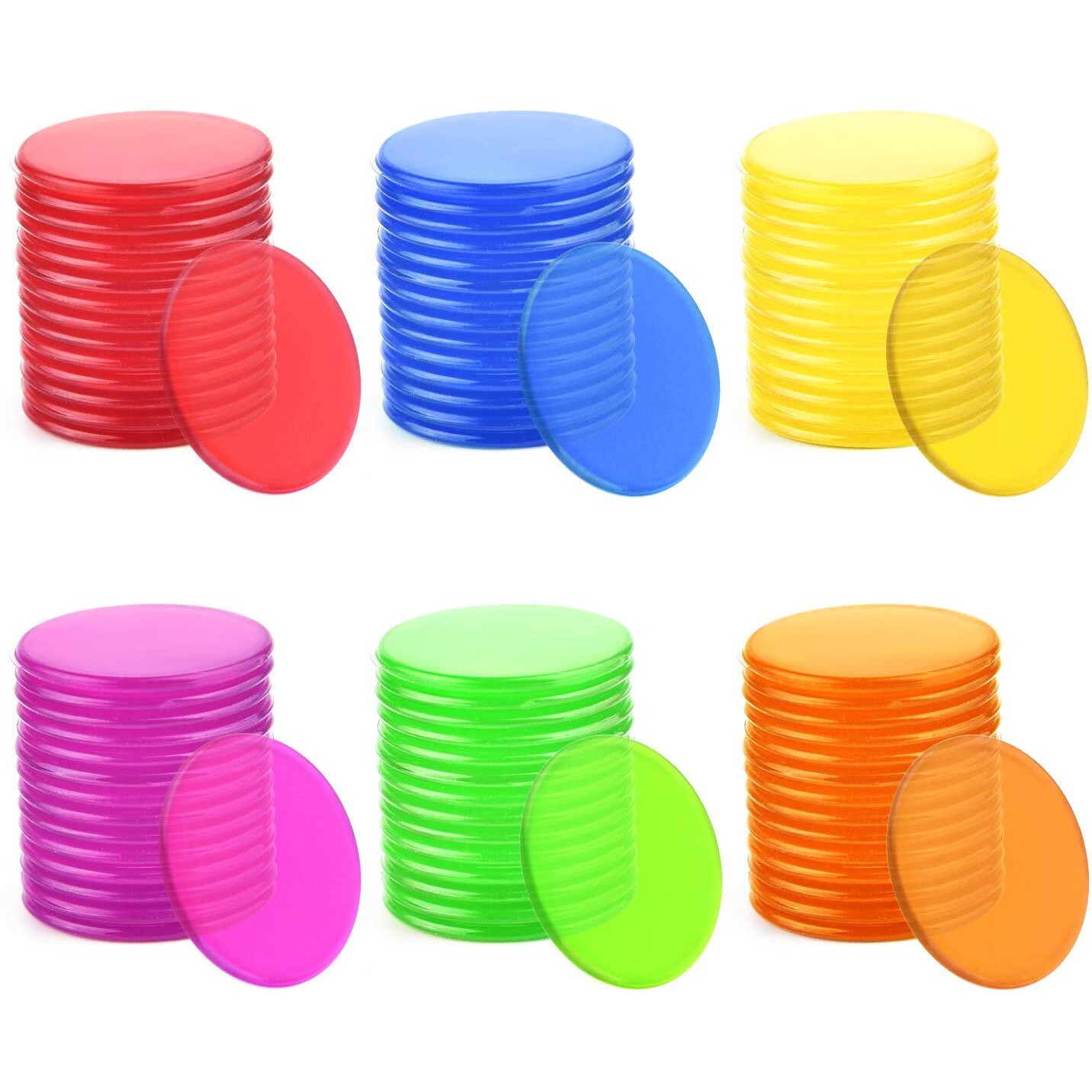 Coopay 900 Pieces Counters Counting Chips Plastic Markers Mixed Transparent Colors For Bingo Chips Game Tokens, Contain White, Blue, Green, Yellow, Red, Purple Colors