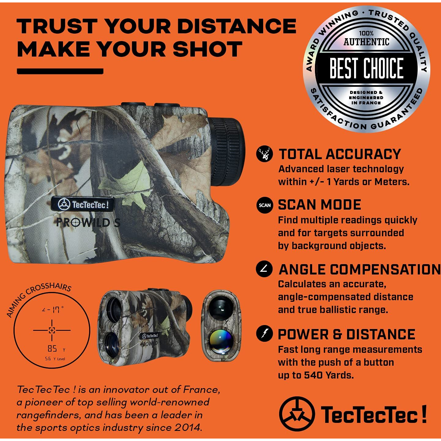 Tectectec Prowild S Hunting Rangefinder With Angle Compensation Laser Range Finder For Hunting With Range Scan, Speed Mode, Cr2 Battery, And Normal Measurements