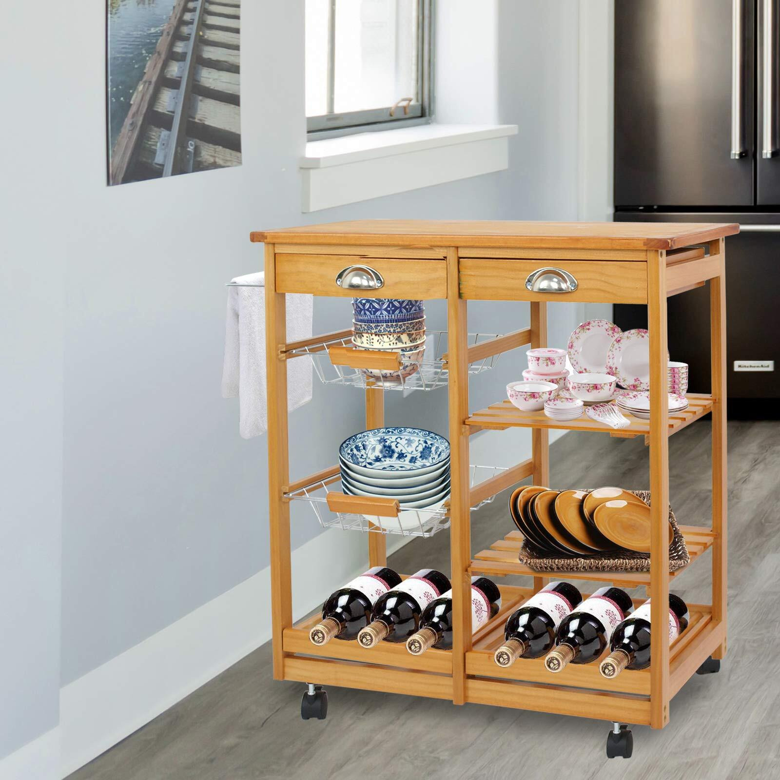 Homgarden Wood Rolling Kitchen Island Storage Cart Dining Trolley Microwave Cart W/Drawer Shelves Basket Stand Counter Top Table