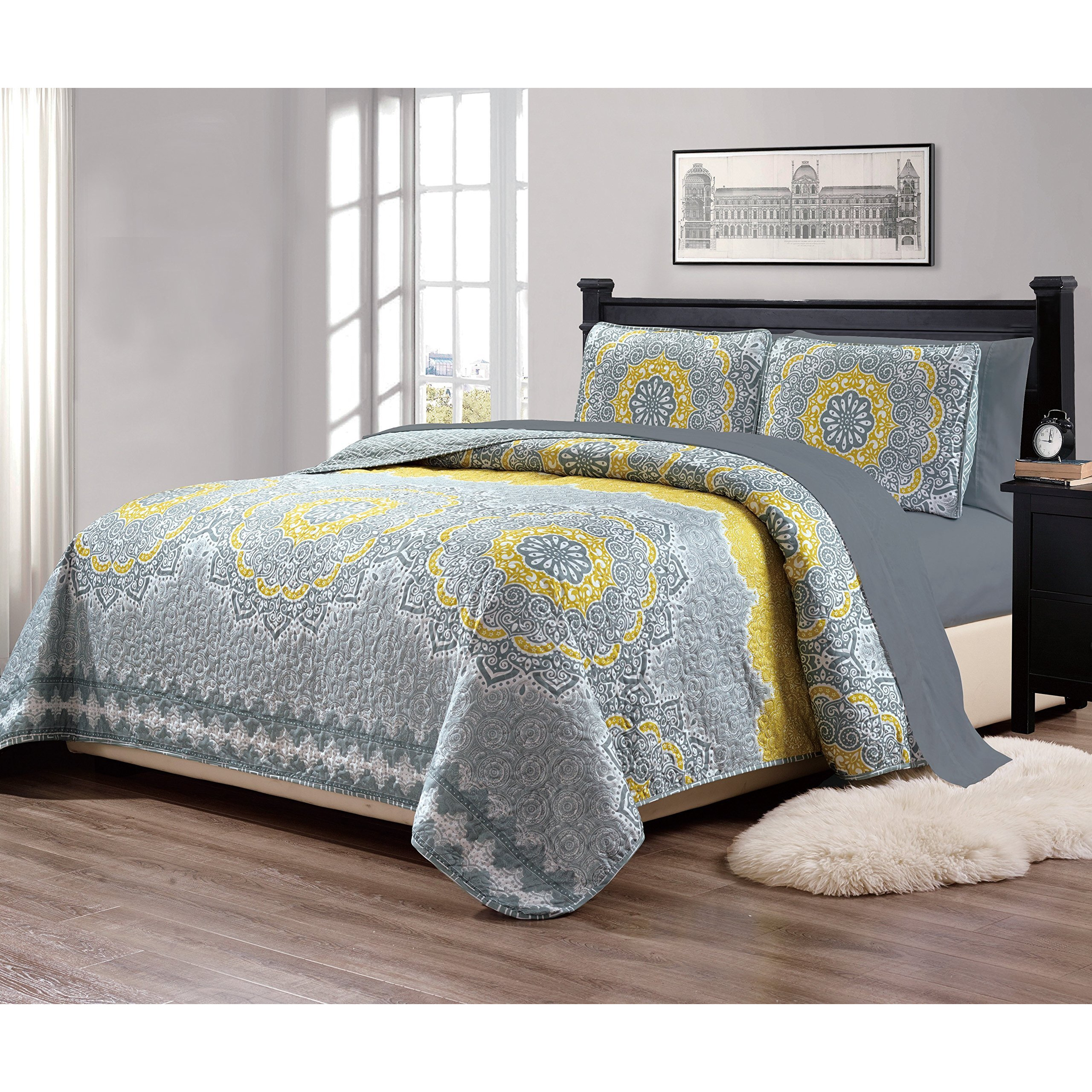 Linen Plus 7Pc King Over Size Quilted Bedspread With Sheet Set Floral Medallion Yellow Coastal Plain/Gray New