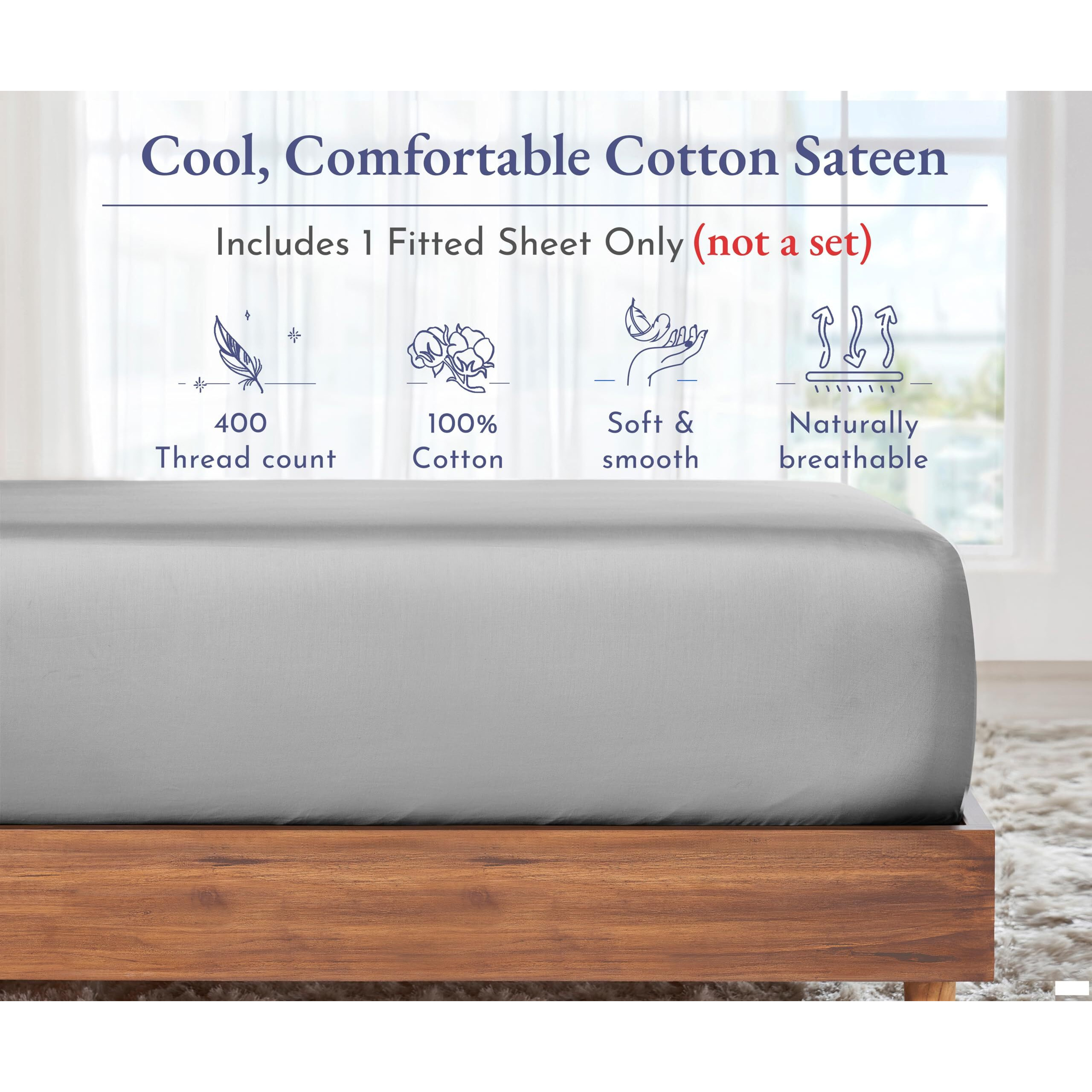 California Design Den King Size Fitted Sheets, Deep Pocket Soft 400 Thread Count 100% Cotton, No Pop-Off Elastic, Durable Sateen Weave Sheet Only (King, Light Grey)